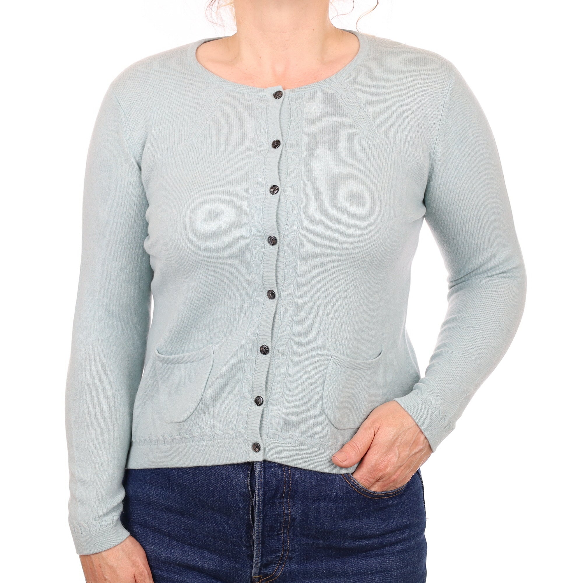 Opal Green Cable Detail Cashmere Crew Neck Cardigan with Pockets Medium