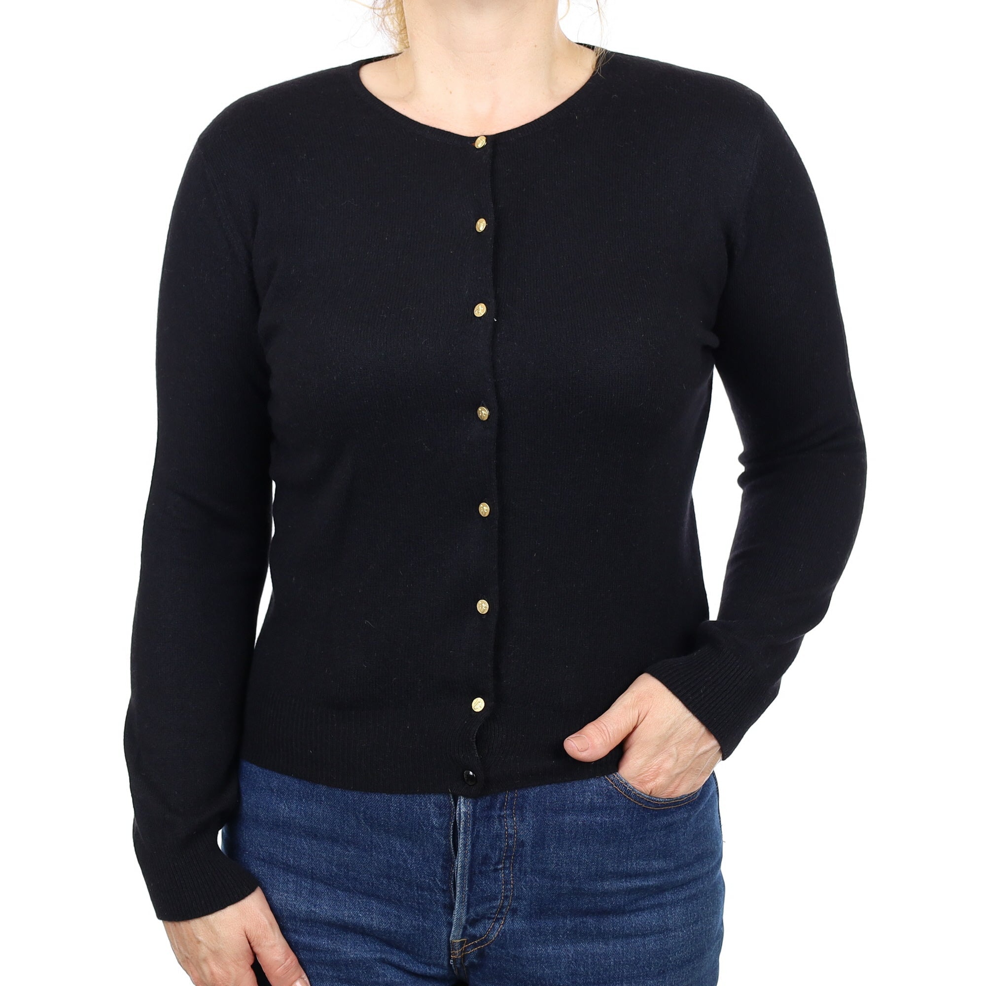 Black Cashmere Crew Neck Cardigan Medium
