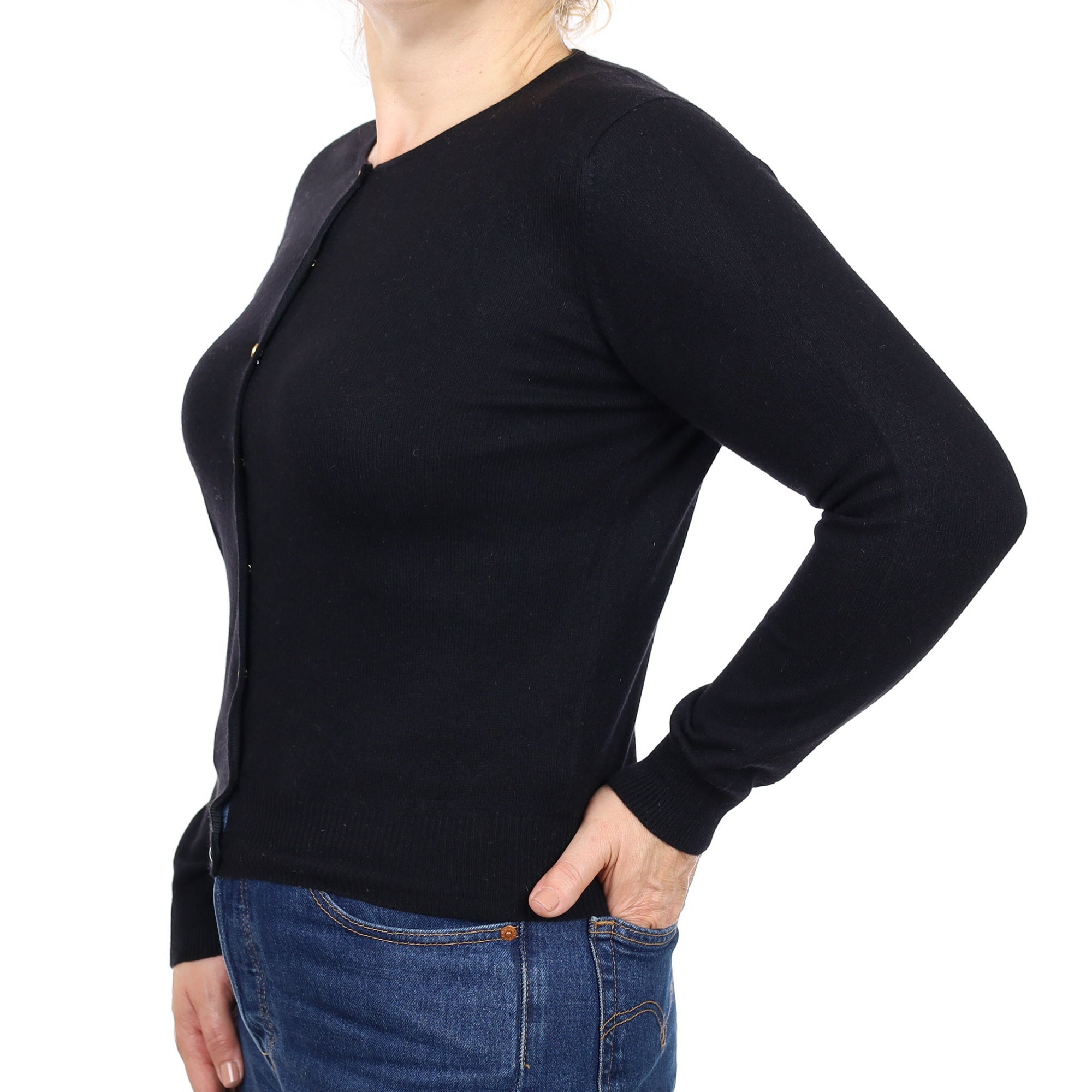 Black Cashmere Crew Neck Cardigan Medium