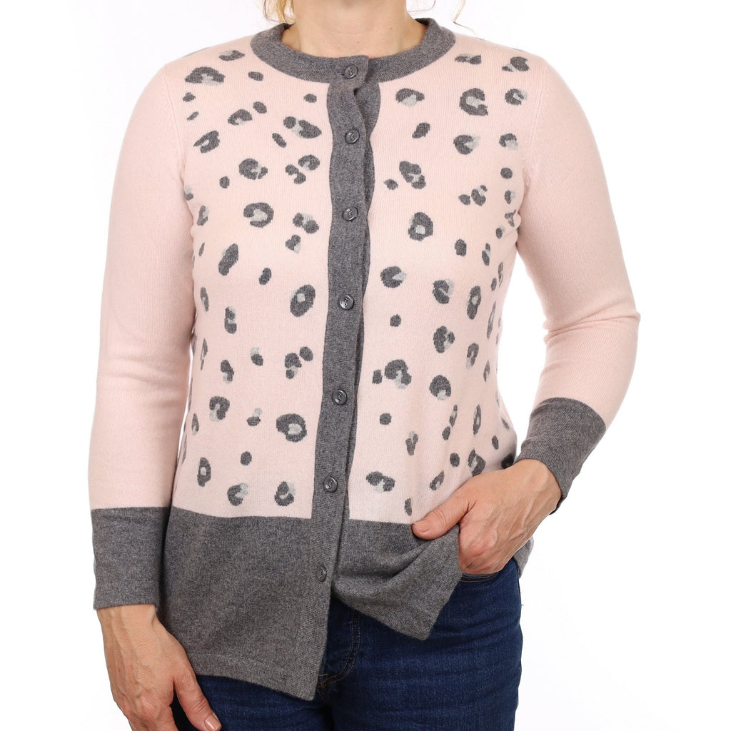 Shell Pink and Grey Leopard Cashmere Crew Neck Cardigan Medium