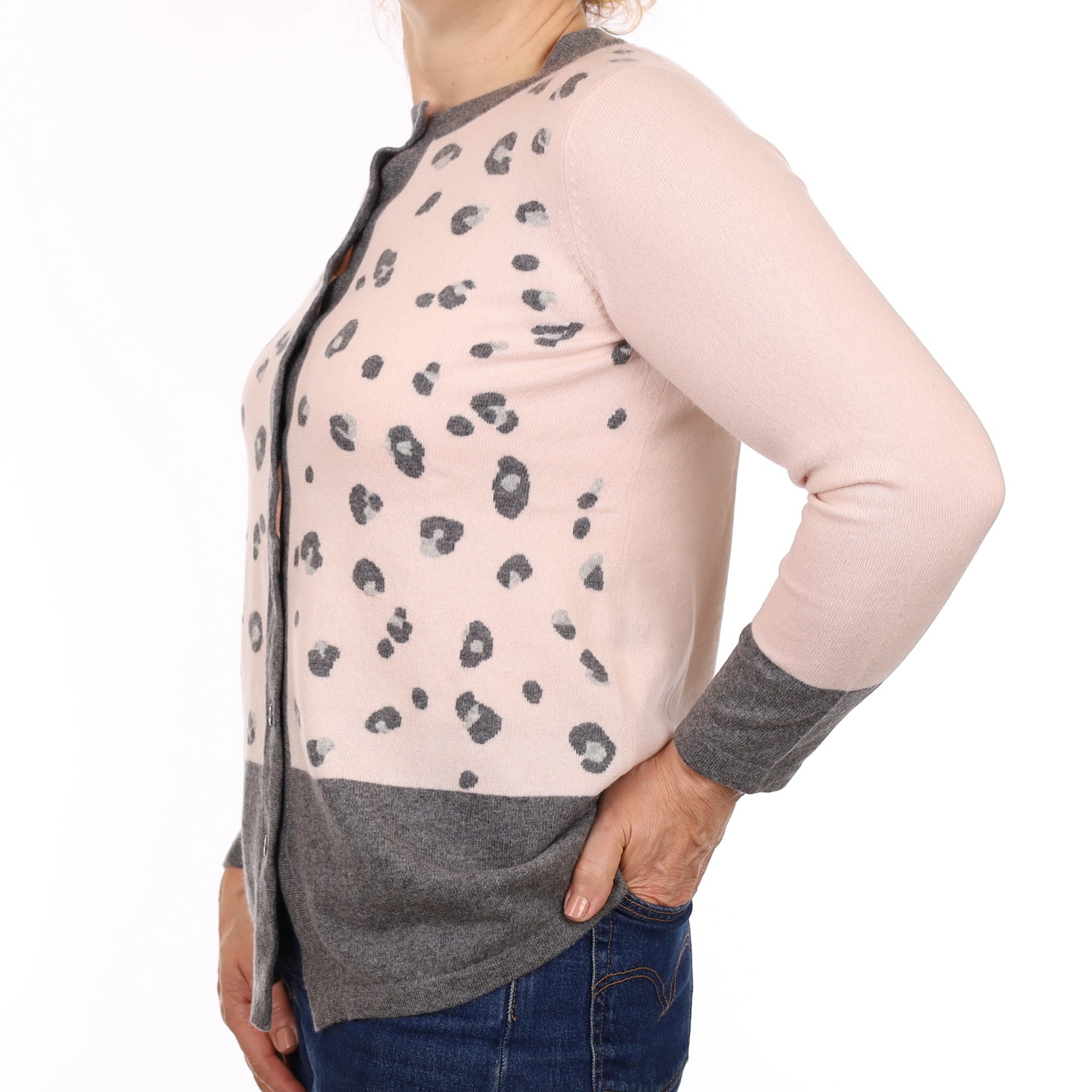 Shell Pink and Grey Leopard Cashmere Crew Neck Cardigan Medium