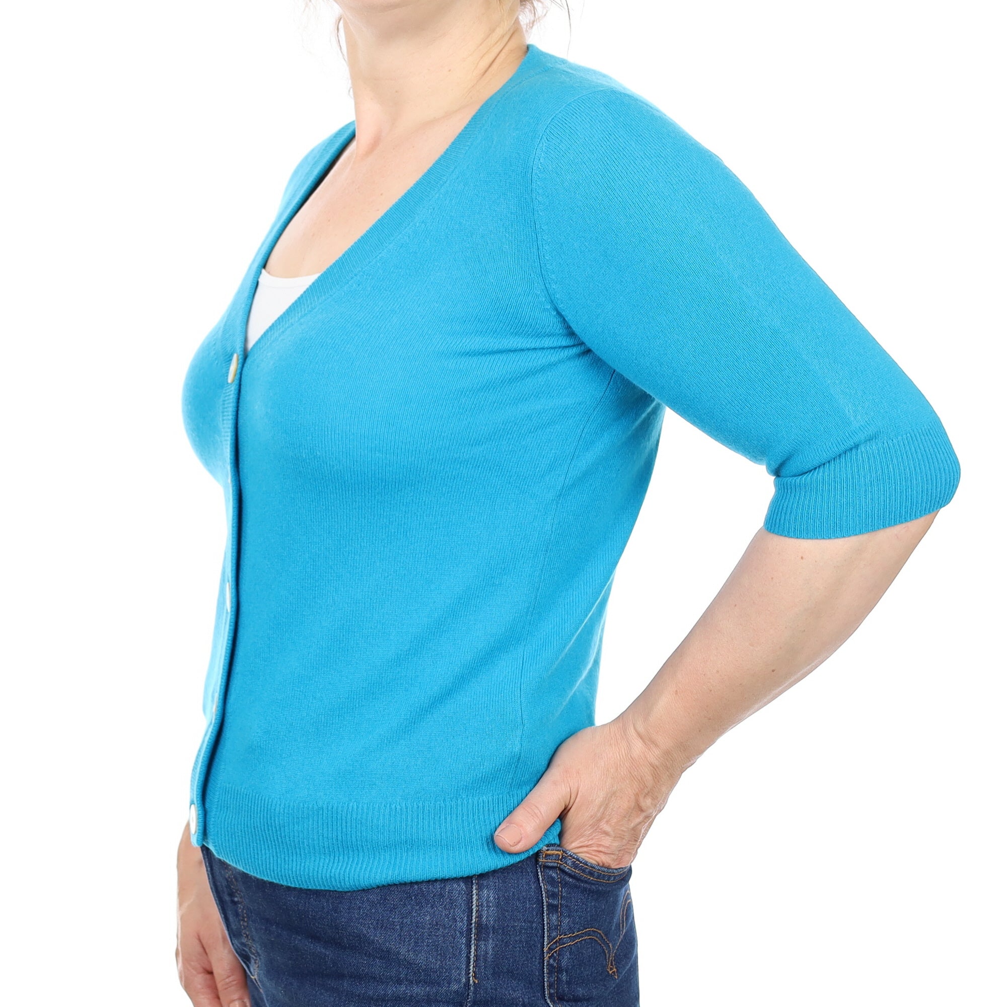 Turquoise Blue Cashmere 1/2 Sleeve V Neck Cardigan Medium