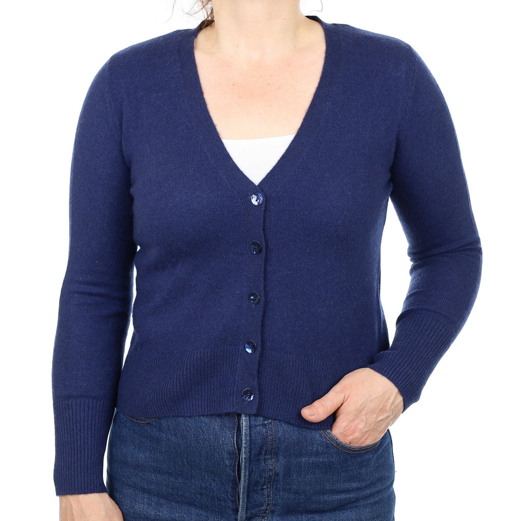 French Navy Cashmere V Neck Cardigan Medium