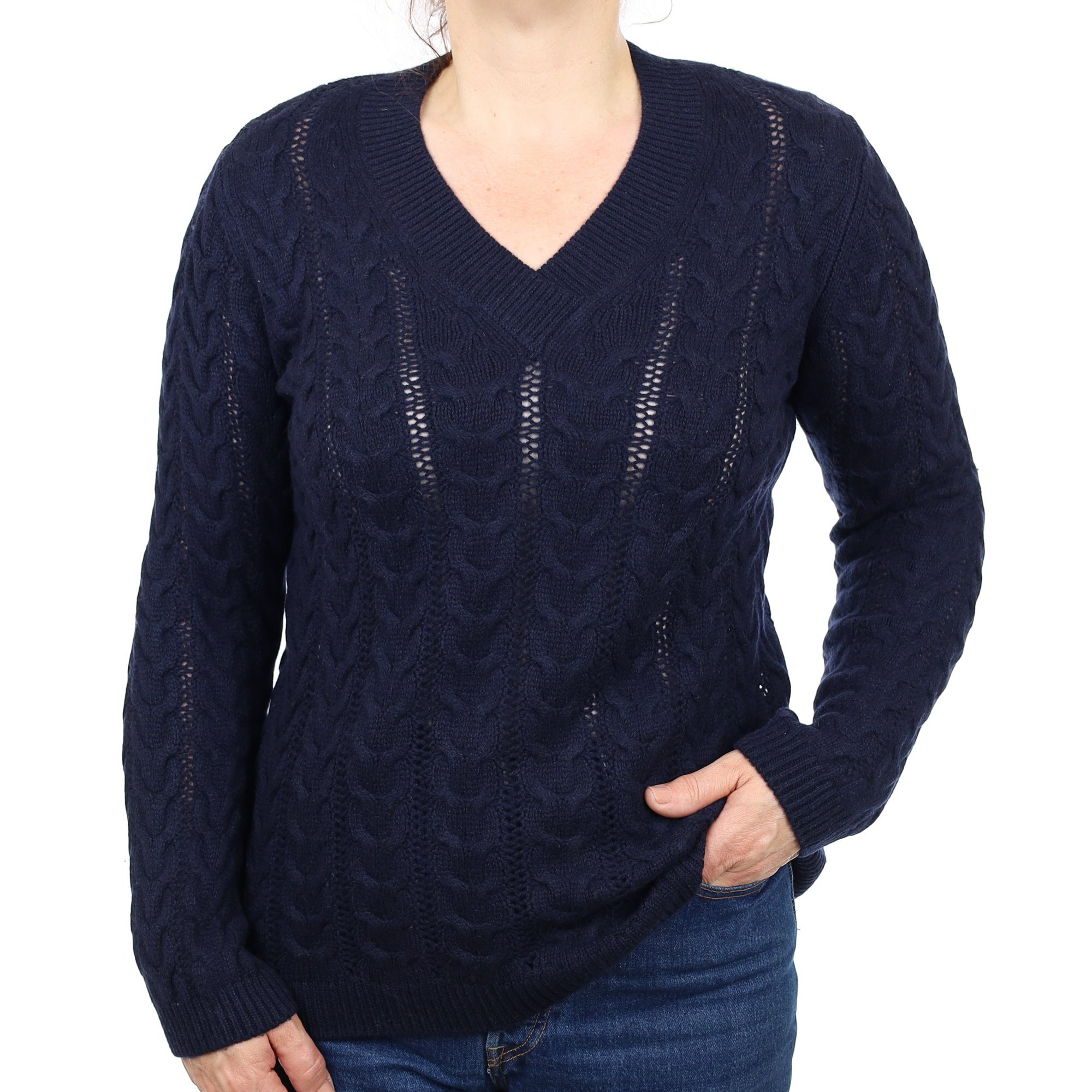Navy Fancy Cable Cashmere V Neck Jumper Medium