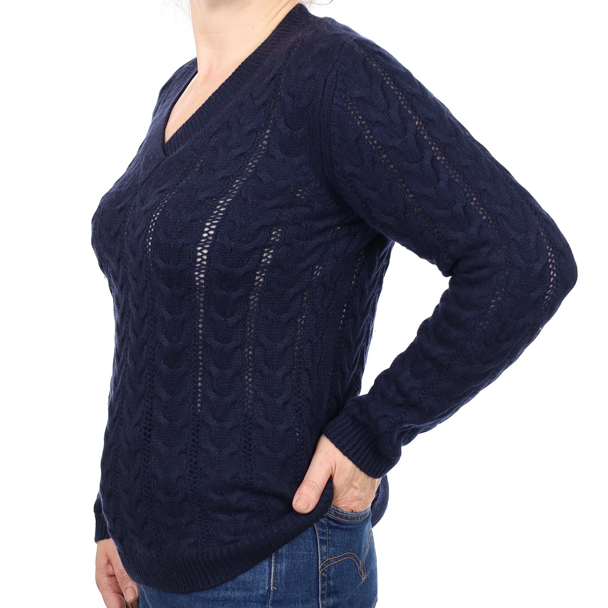 Navy Fancy Cable Cashmere V Neck Jumper Medium