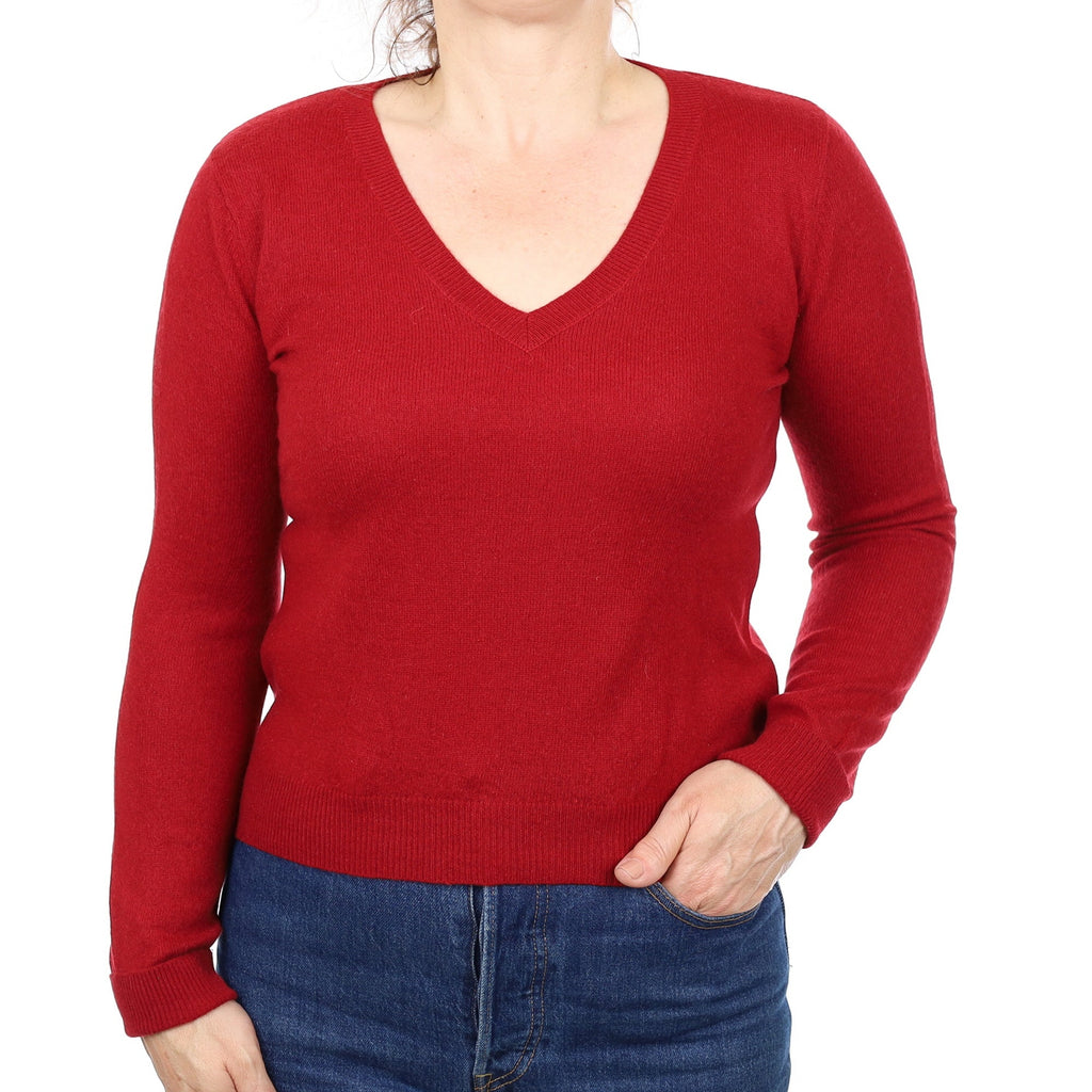 Crimson Red Cashmere V Neck Jumper Medium