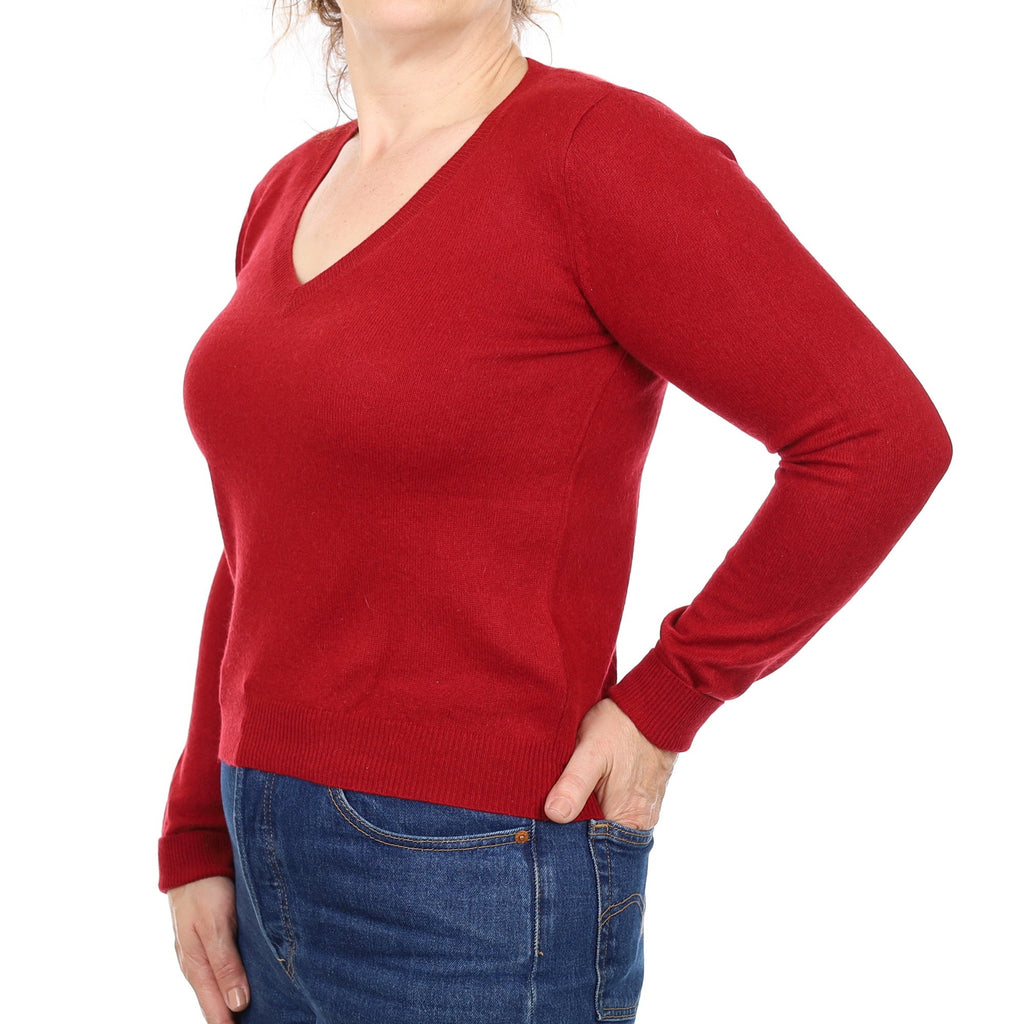 Crimson Red Cashmere V Neck Jumper Medium