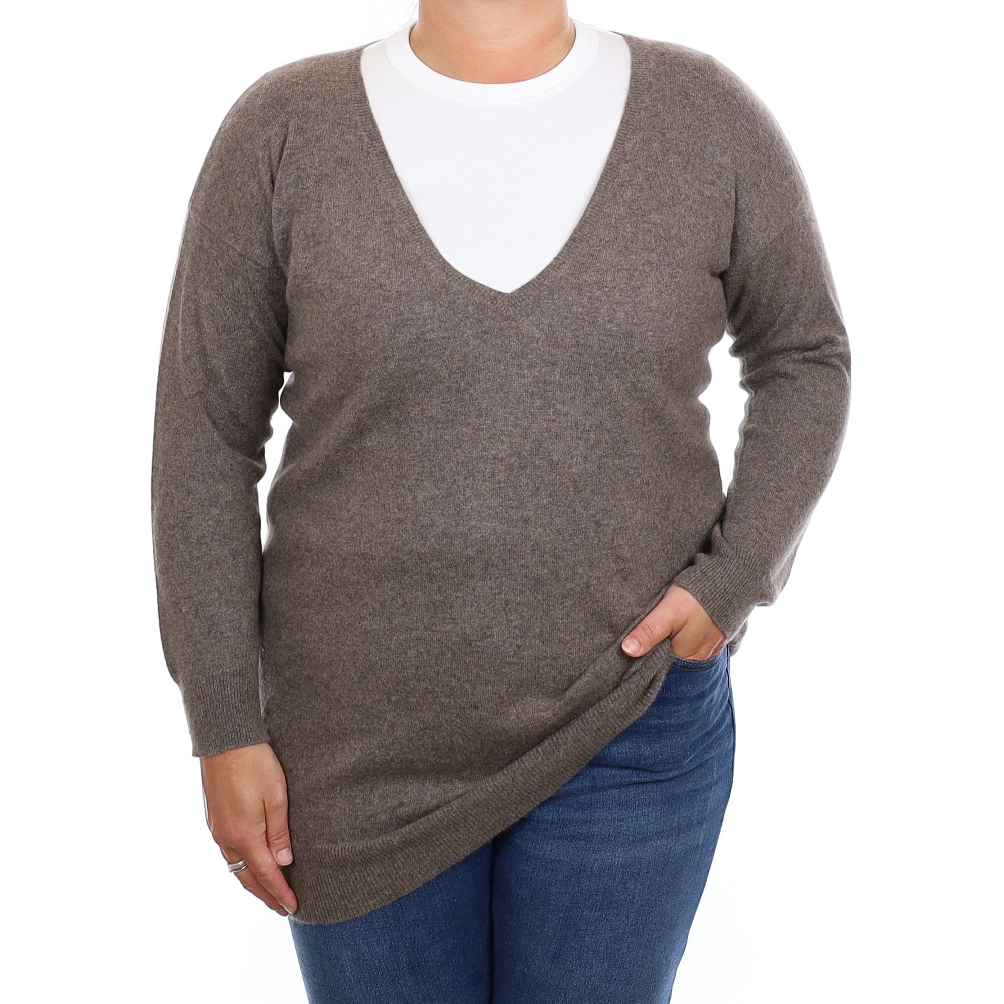 Brora Mocha Brown Cashmere Longline V Neck Jumper Large