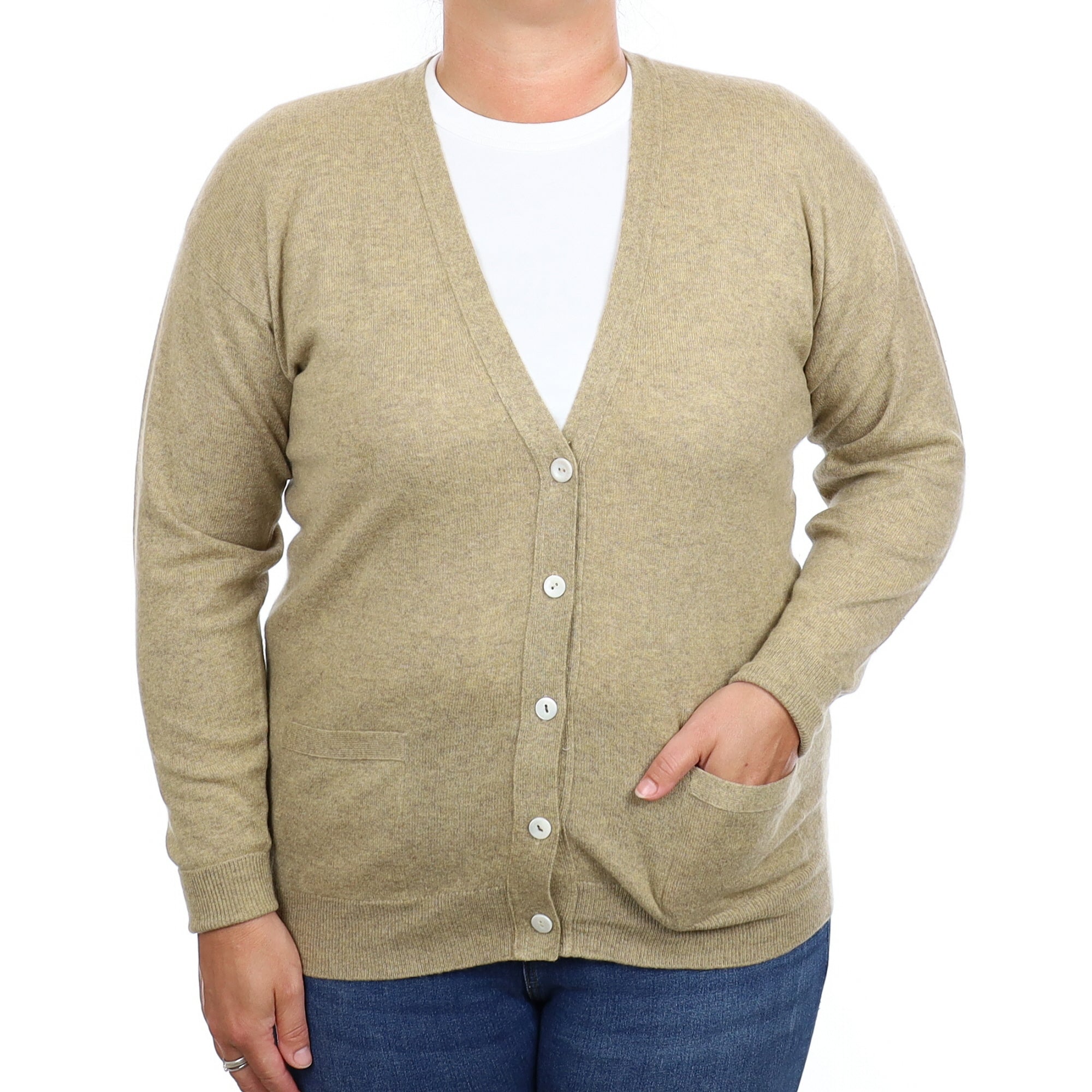 Pale Khaki Marl Cashmere V Neck Cardigan with Pockets Large Tall