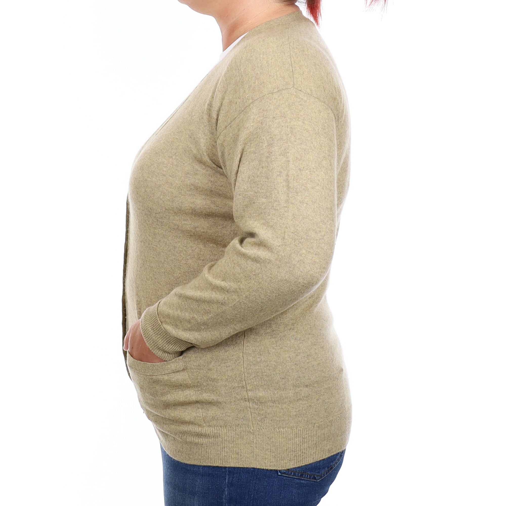 Pale Khaki Marl Cashmere V Neck Cardigan with Pockets Large Tall