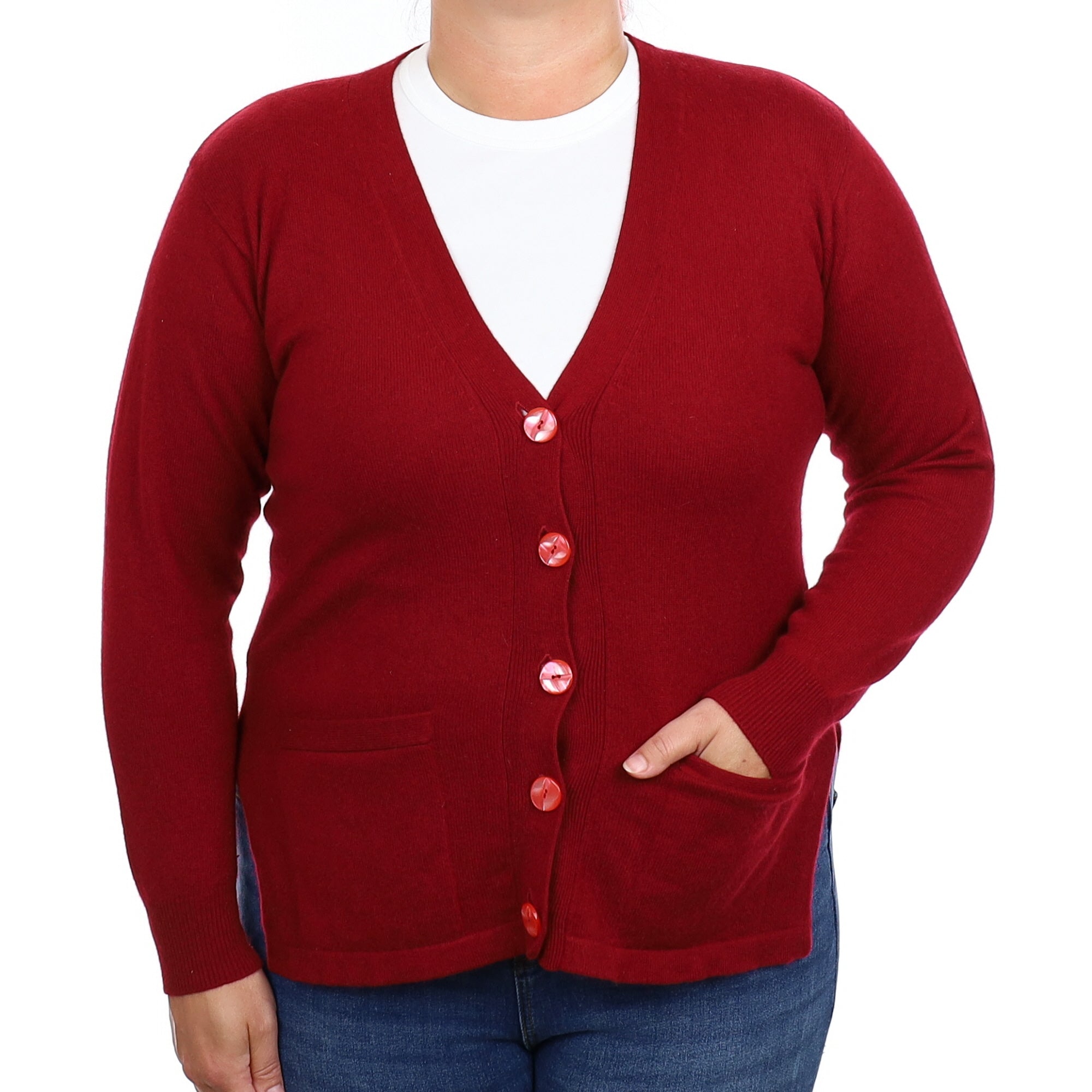 Crimson Red Cashmere Longline V Neck Cardigan with Pockets Large