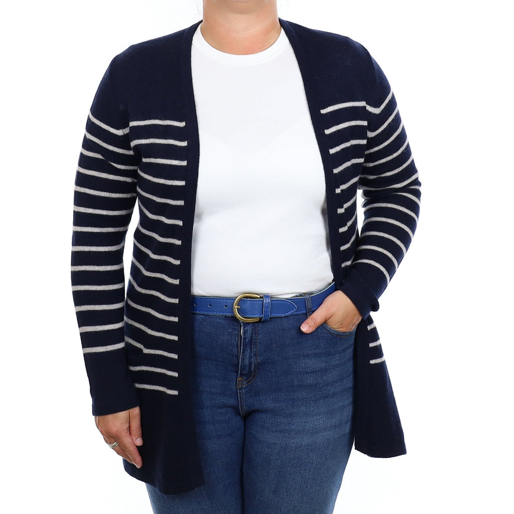 Navy and Ivory Stripe Cashmere Edge to Edge Cardigan Large