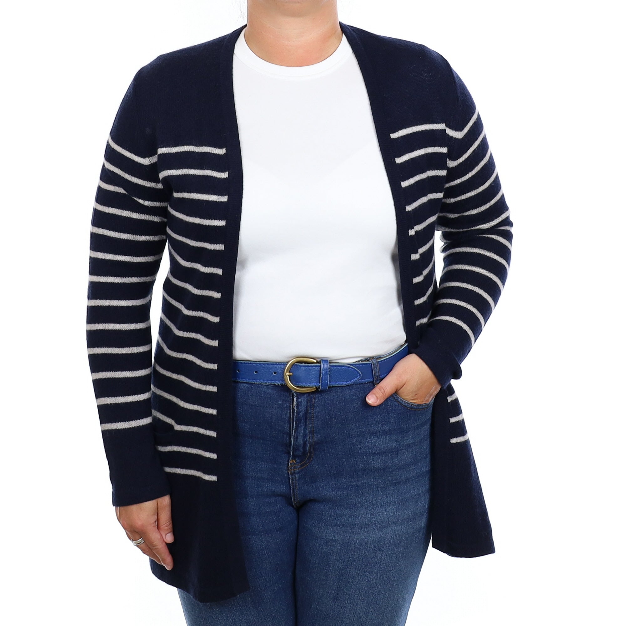 Navy and Ivory Stripe Cashmere Edge to Edge Cardigan Large