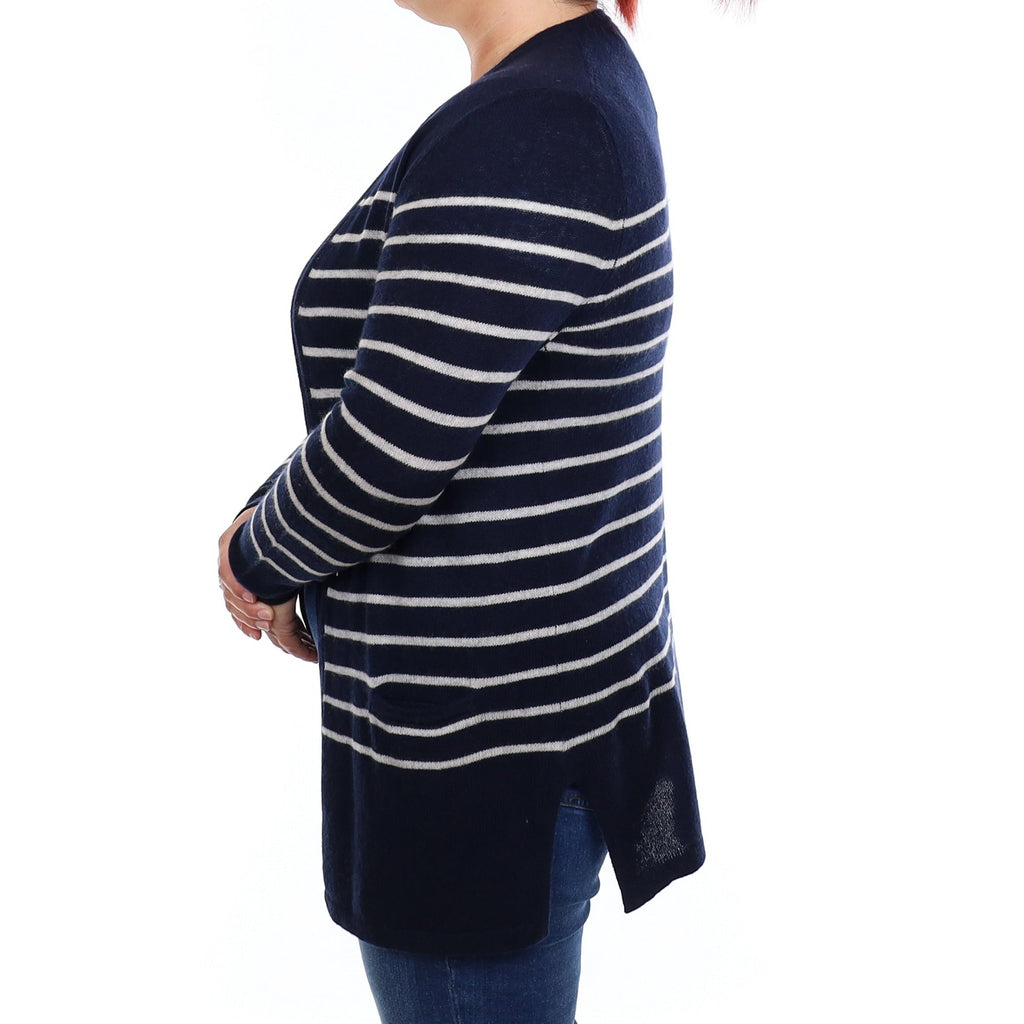 Navy and Ivory Stripe Cashmere Edge to Edge Cardigan Large