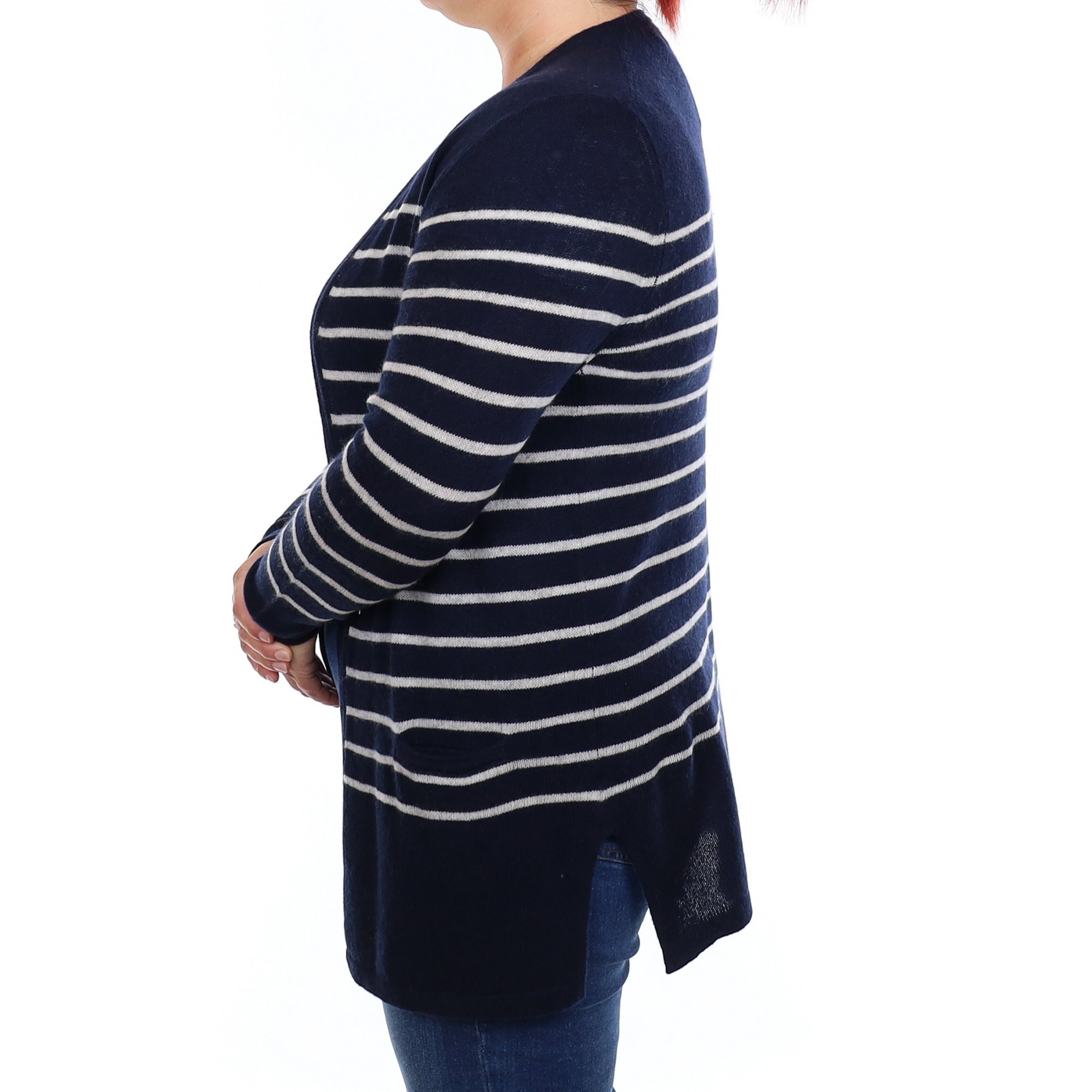Navy and Ivory Stripe Cashmere Edge to Edge Cardigan Large