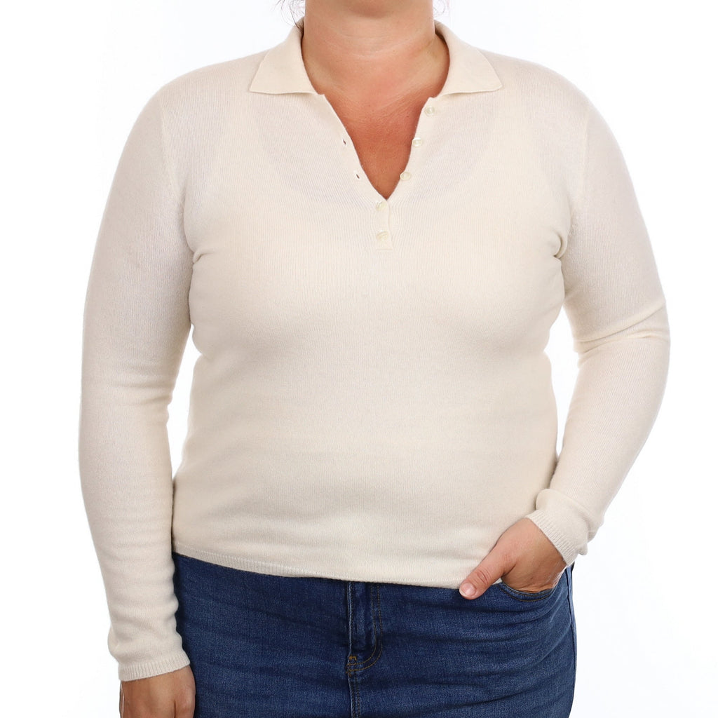 Warm White Cashmere Button Front Collared Jumper Large