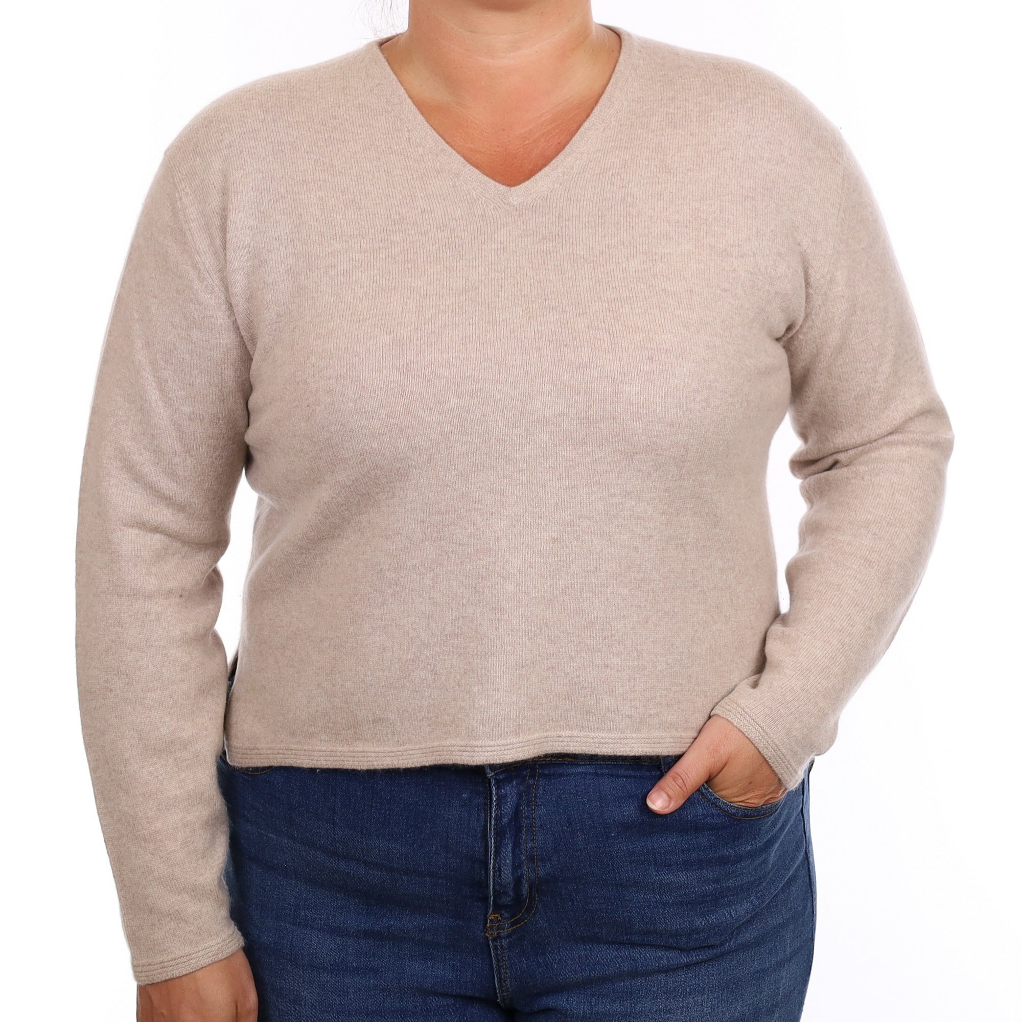 Soft Fawn Cashmere Boxy V Neck Jumper Large