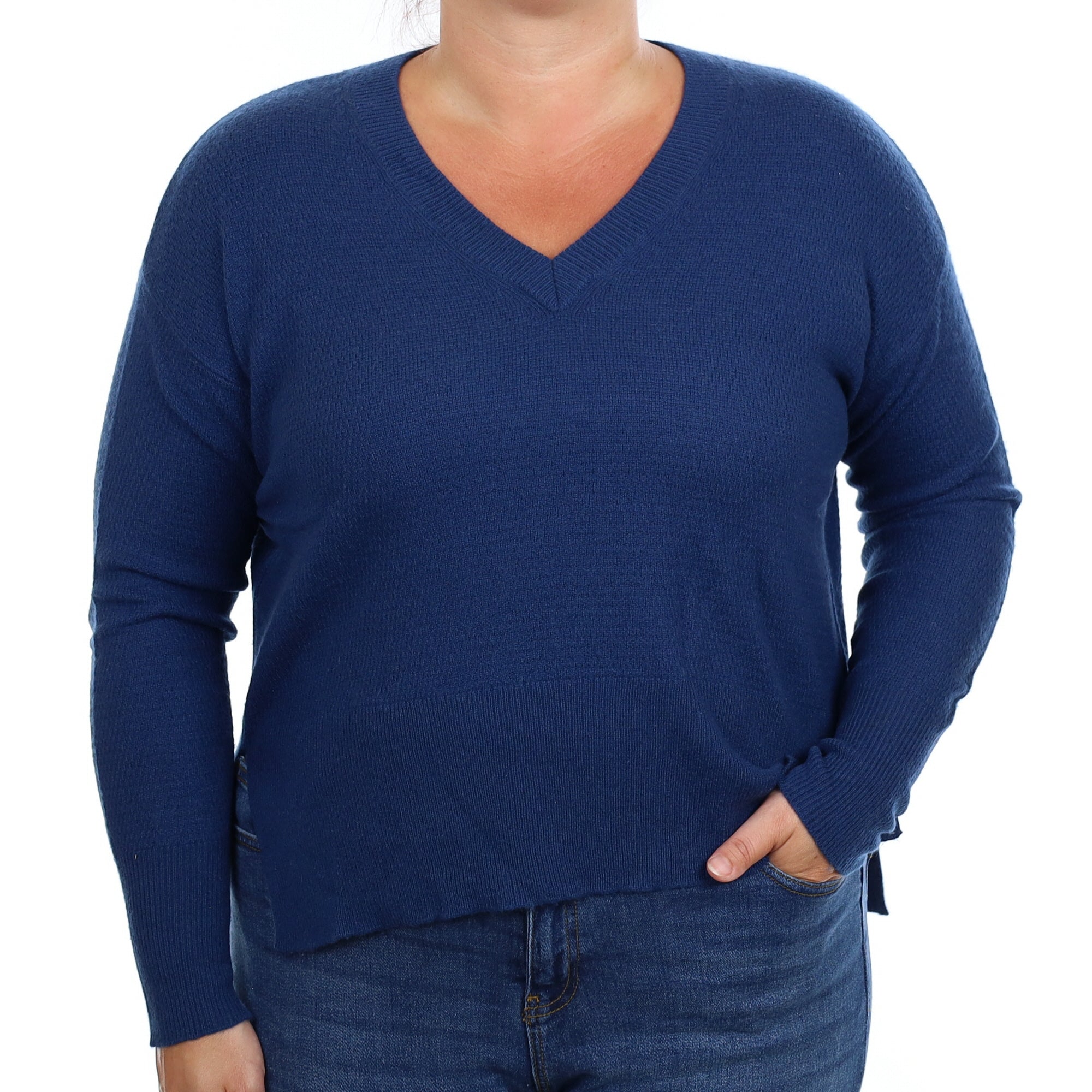 Naval Blue Textured Cashmere Slouchy V Neck Jumper Large