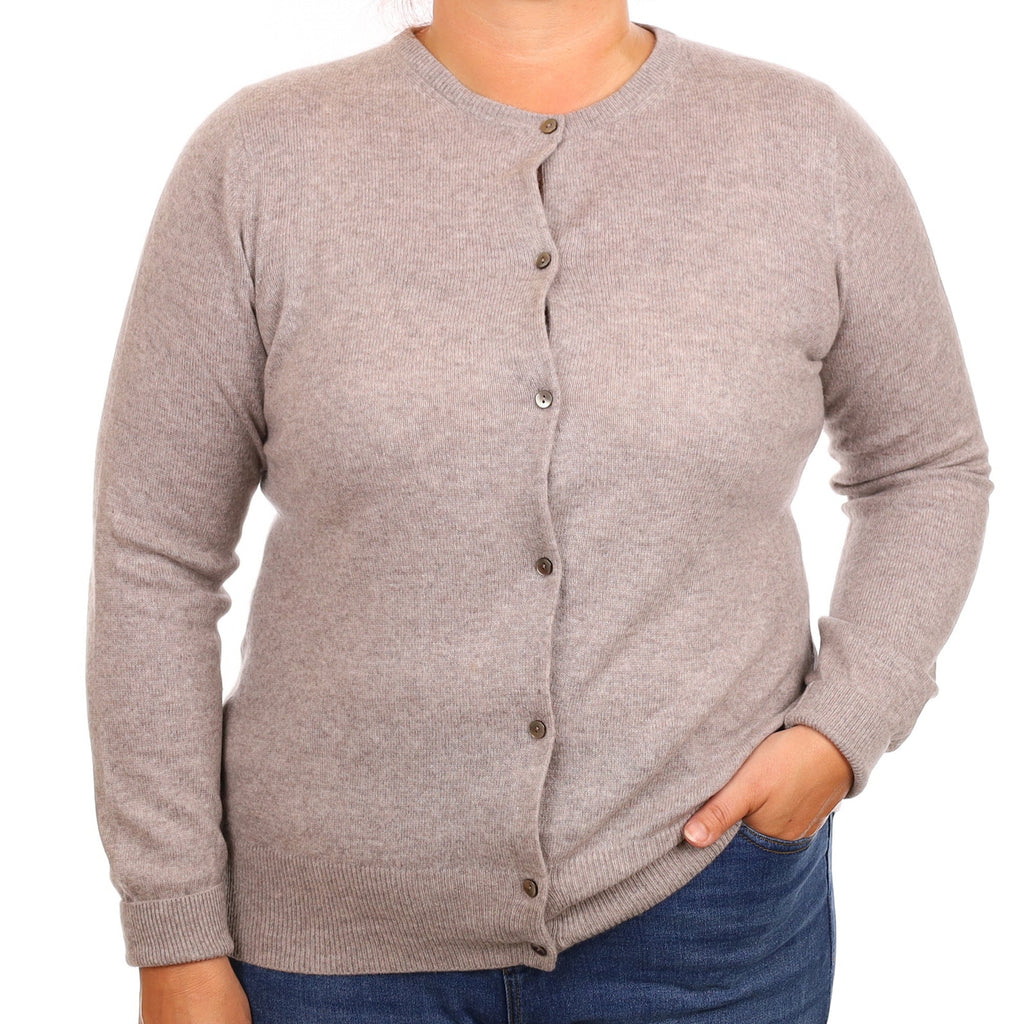 Fawn Brown Cashmere Crew Neck Cardigan Large