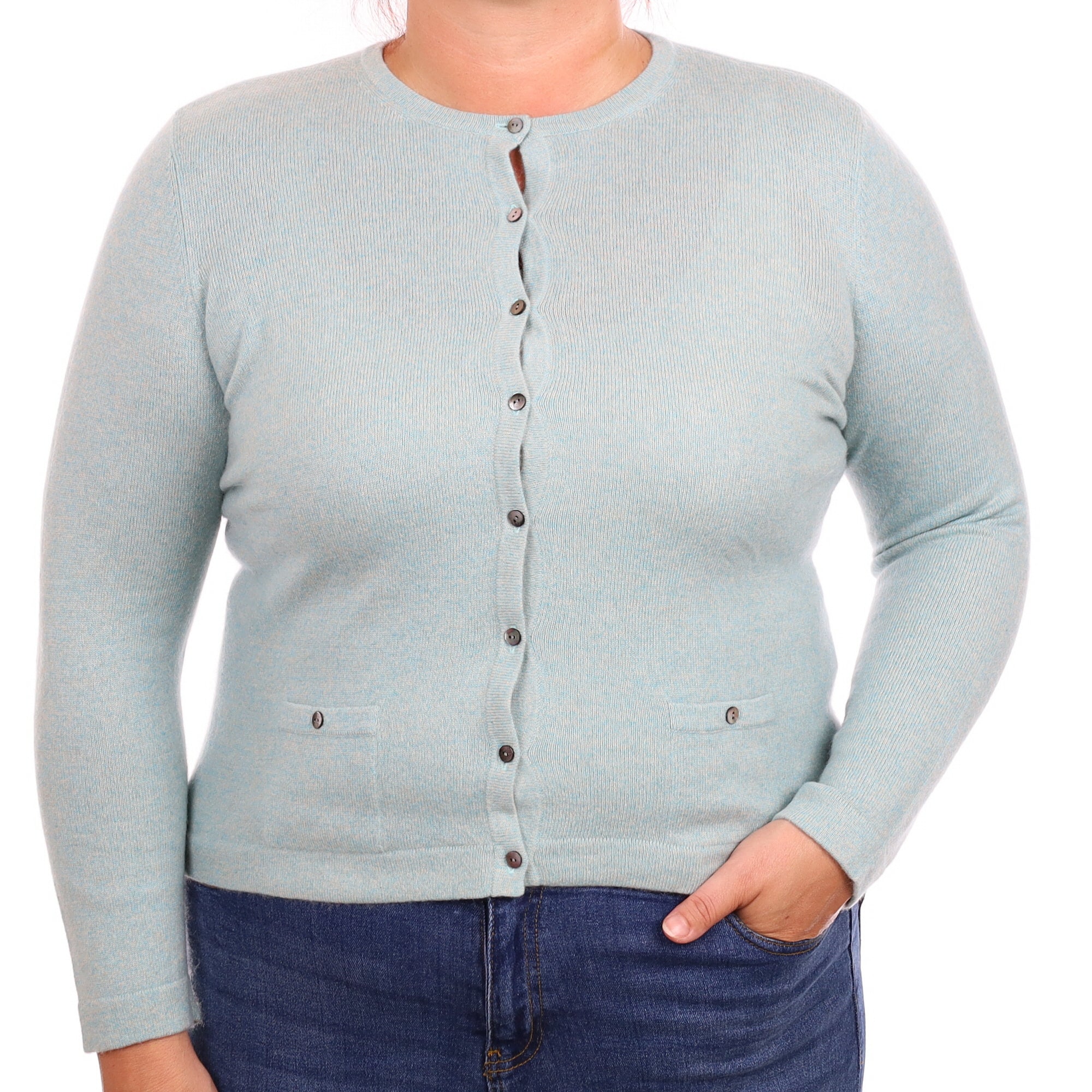 Aqua Marl Cashmere Crew Neck Cardigan with Pockets Large