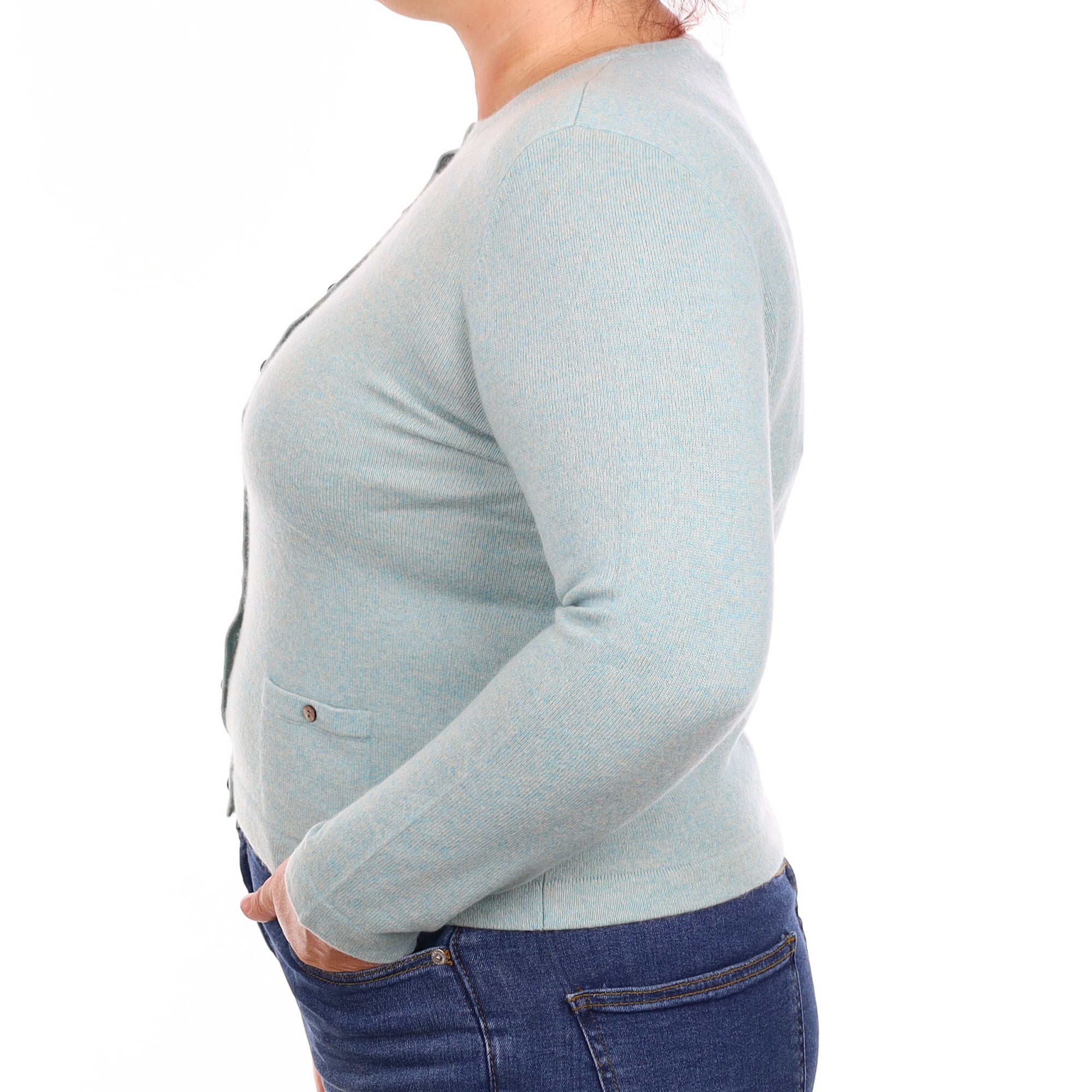 Aqua Marl Cashmere Crew Neck Cardigan with Pockets Large