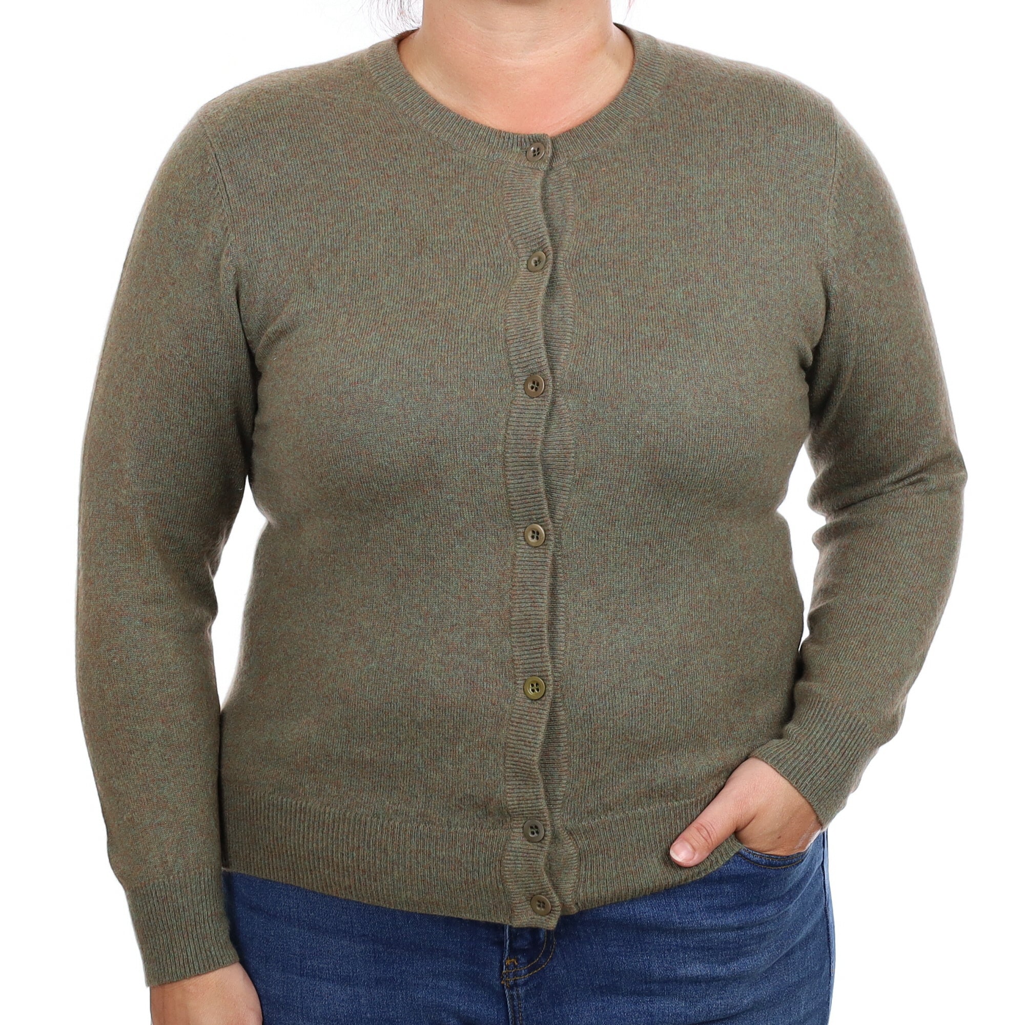 Khaki Green Marl Cashmere Crew Neck Cardigan Large