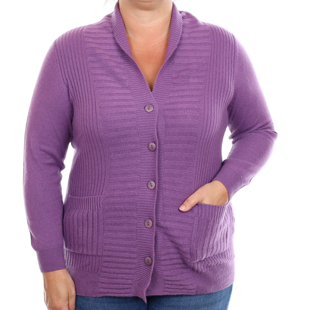 Wisteria Purple Rib Cashmere Shawl Collar Cardigan with Pockets Large