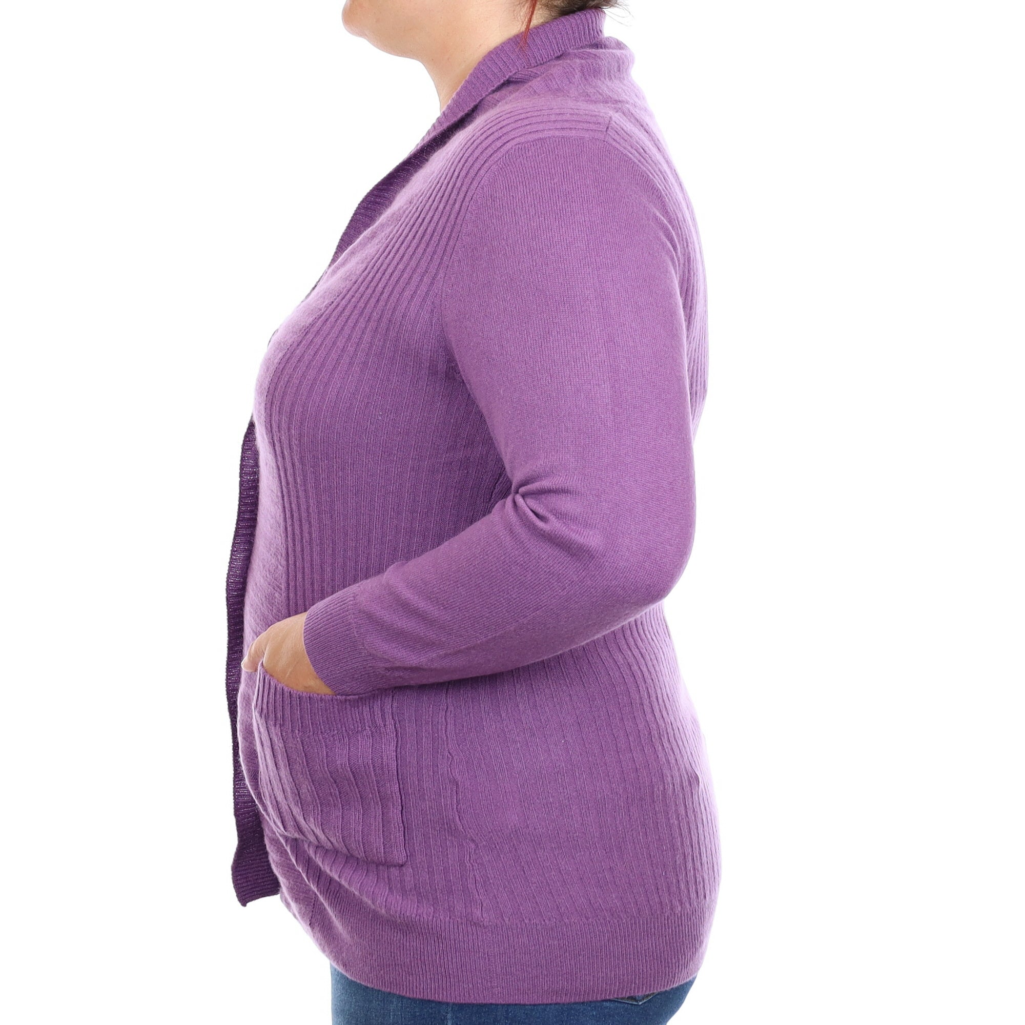 Wisteria Purple Rib Cashmere Shawl Collar Cardigan with Pockets Large