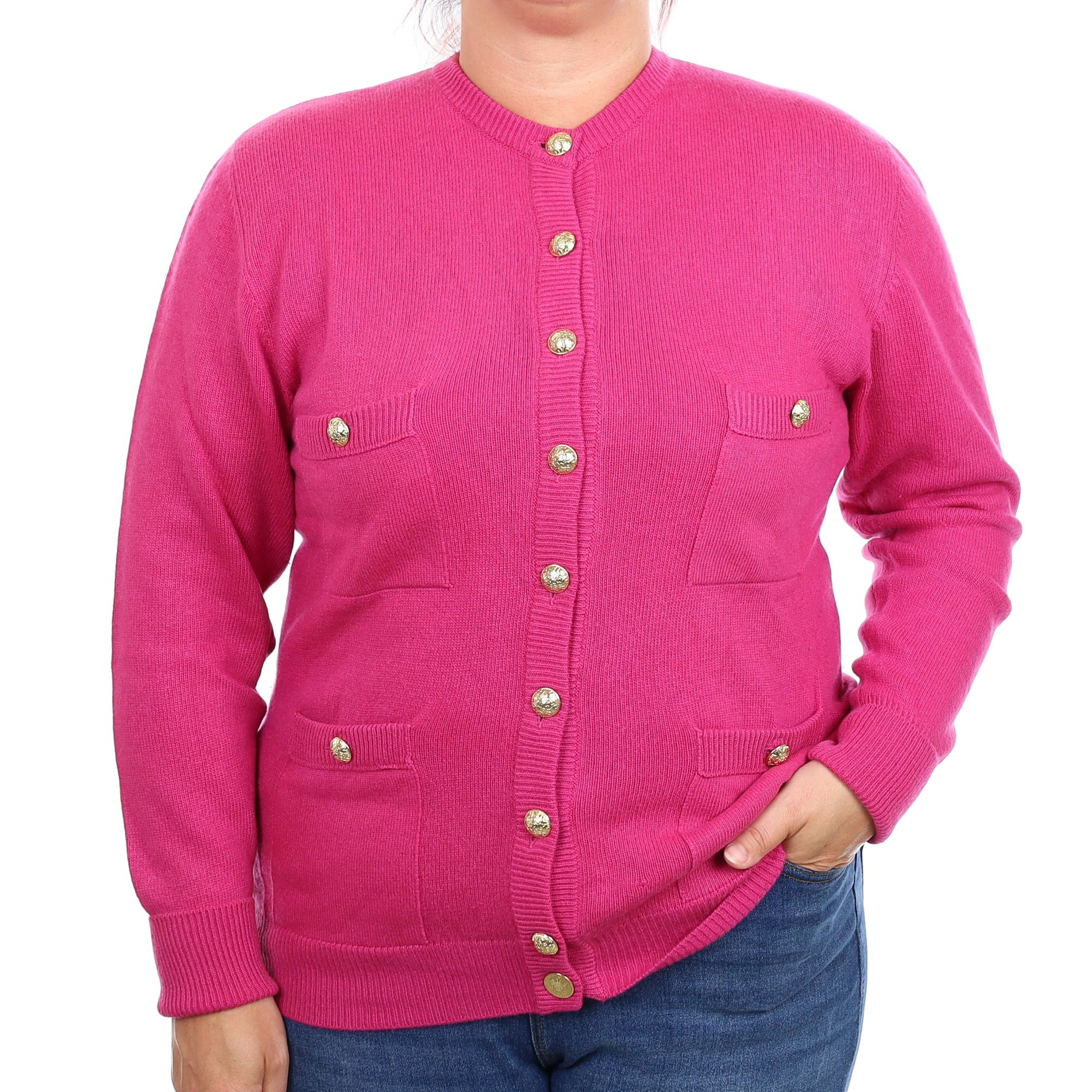 Italian Raspberry Pink Cashmere Crew Neck Cardigan with Pockets Large