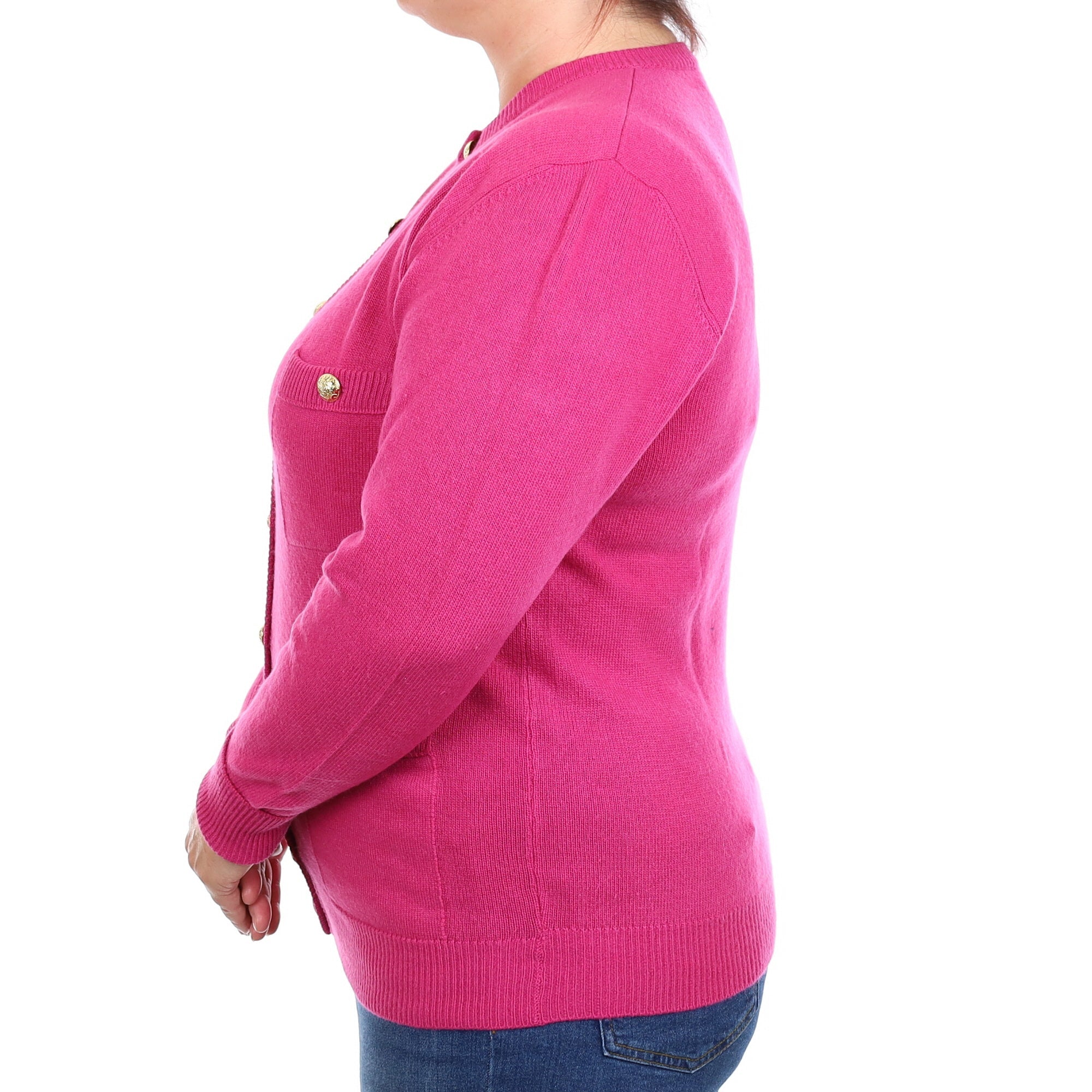 Italian Raspberry Pink Cashmere Crew Neck Cardigan with Pockets Large