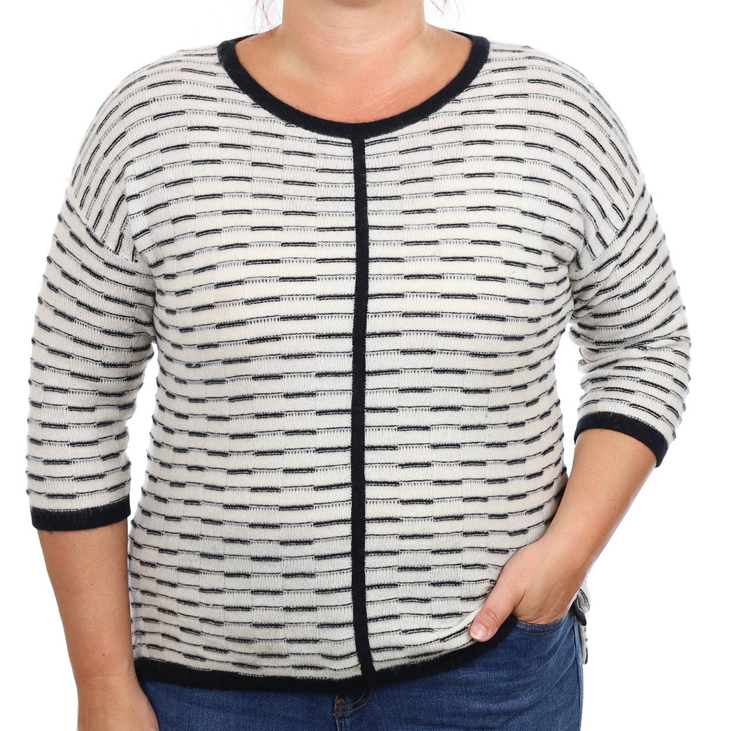 Ivory and Black Pattern Cashmere Boxy Crew Neck Jumper Large