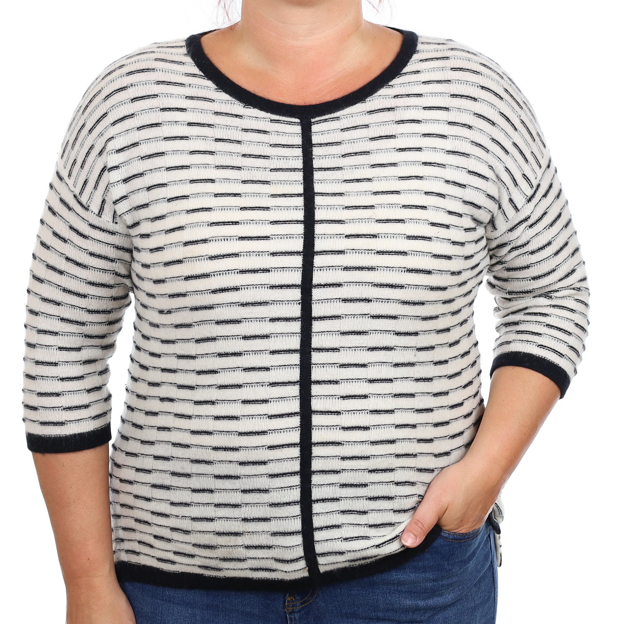 Ivory and Black Pattern Cashmere Boxy Crew Neck Jumper Large
