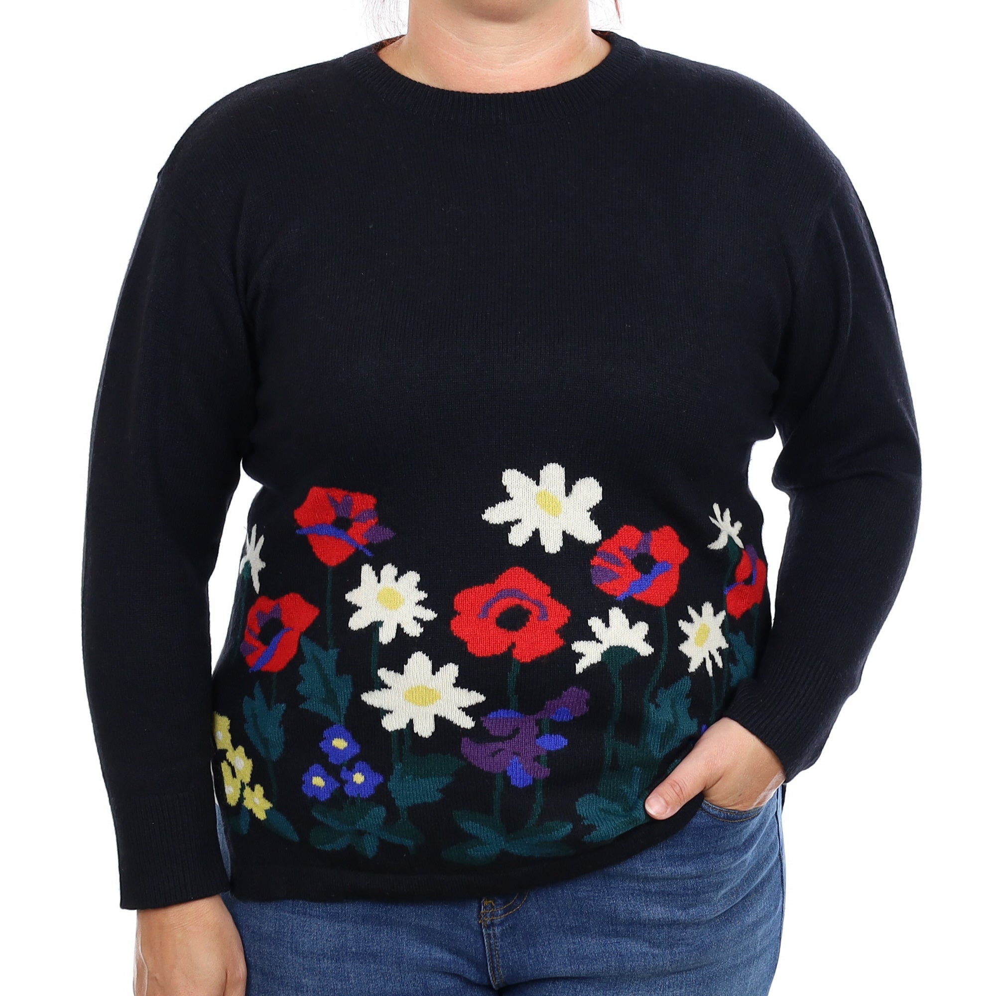 Black Bold Floral Cashmere Crew Neck Jumper Large