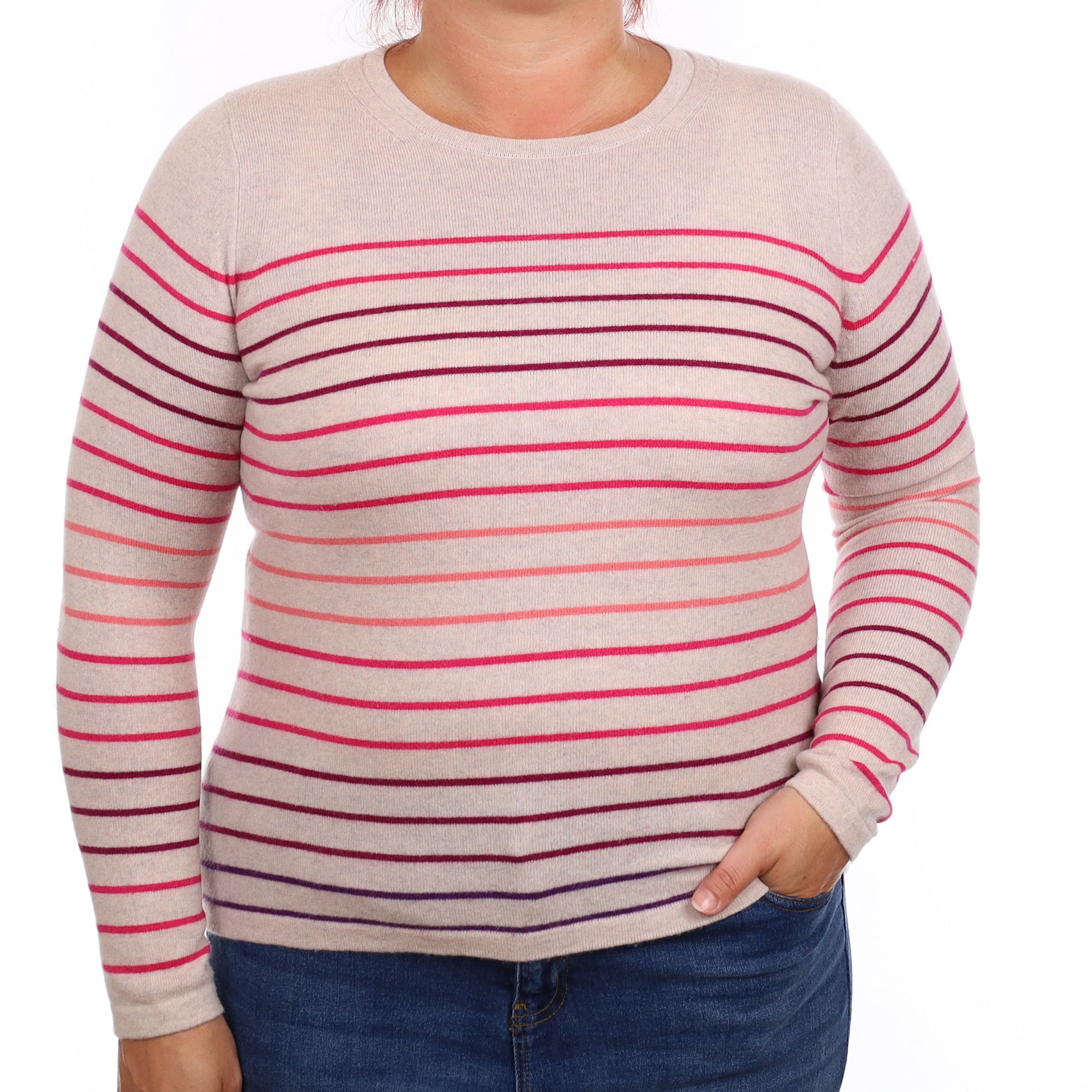 Oatmeal and Pink Stripe Cashmere Crew Neck Jumper Large
