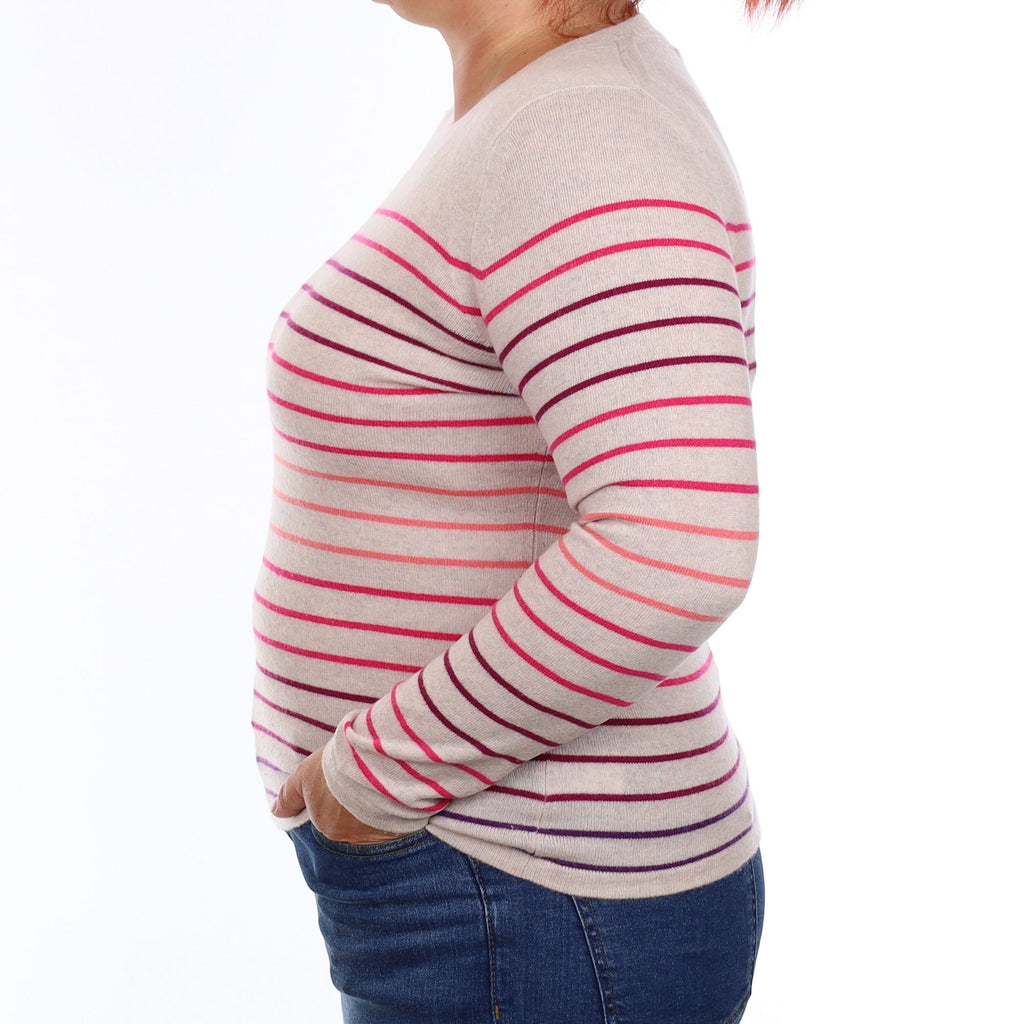 Oatmeal and Pink Stripe Cashmere Crew Neck Jumper Large