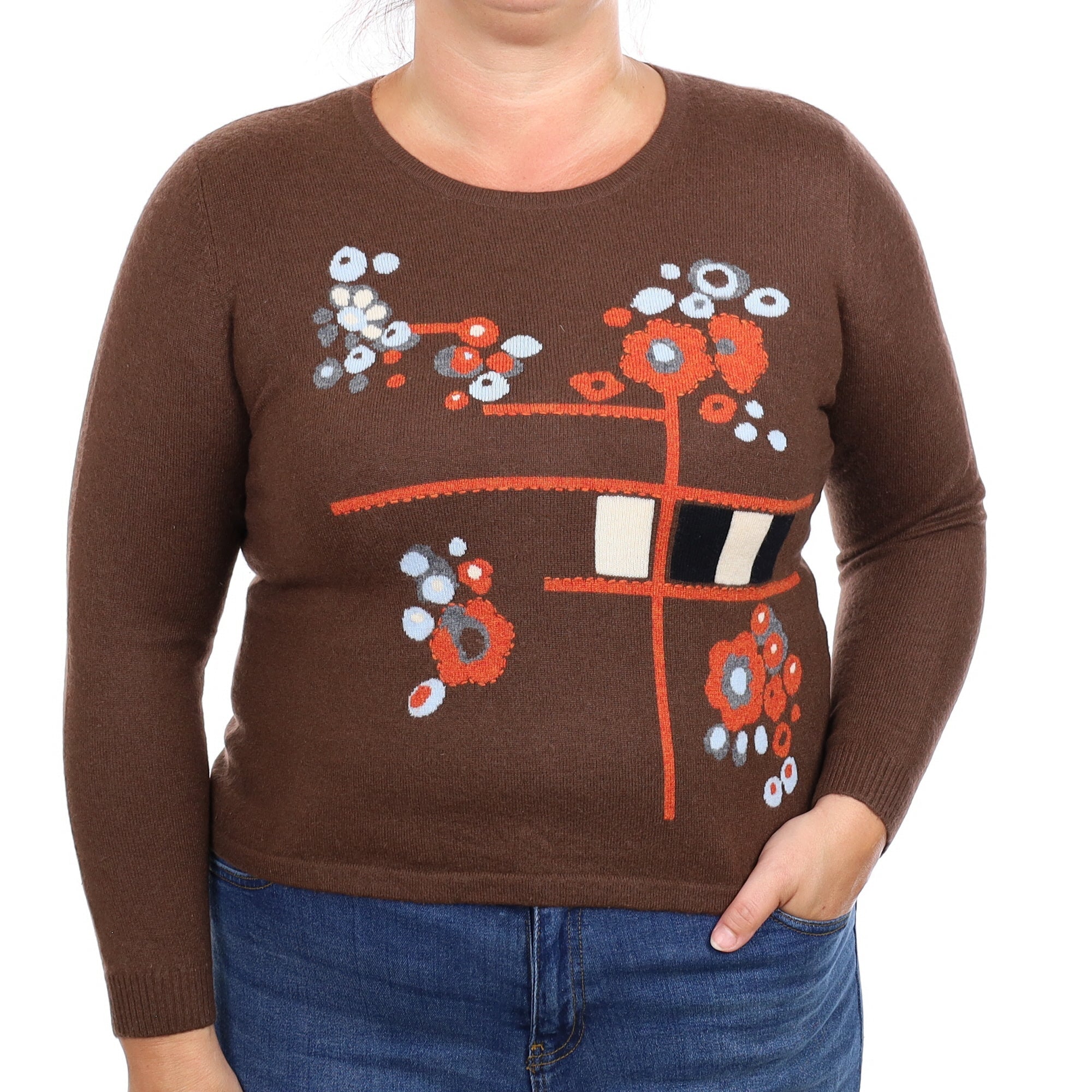 Brown and Orange Floral Cashmere Crew Neck Jumper Large