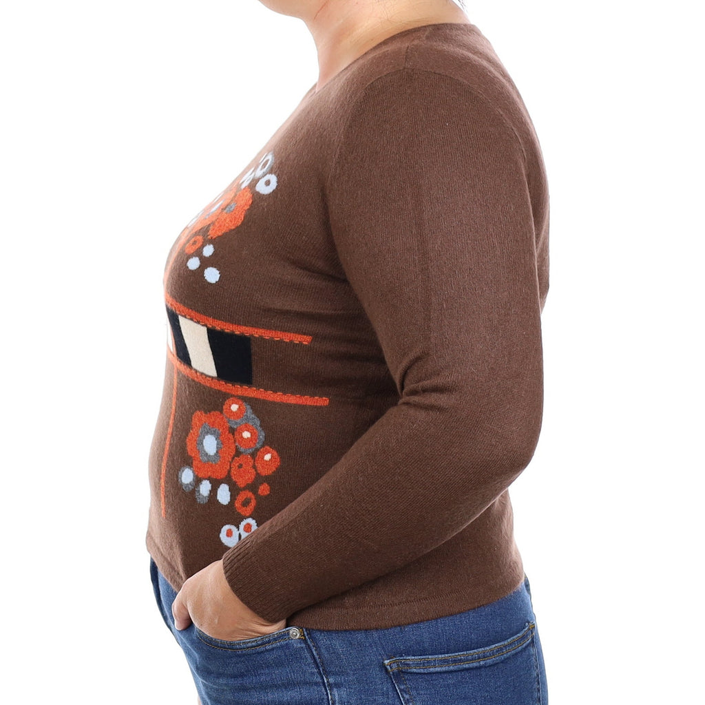 Brown and Orange Floral Cashmere Crew Neck Jumper Large