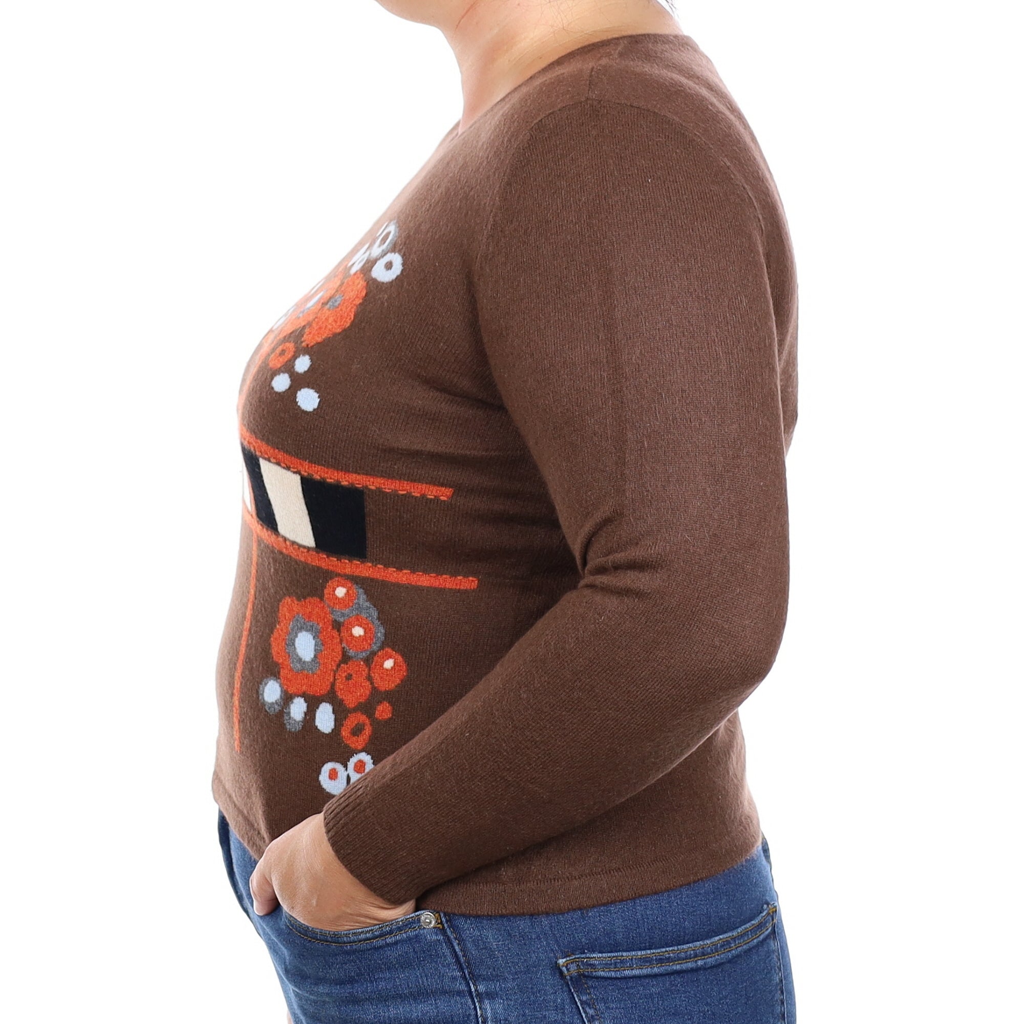 Brown and Orange Floral Cashmere Crew Neck Jumper Large