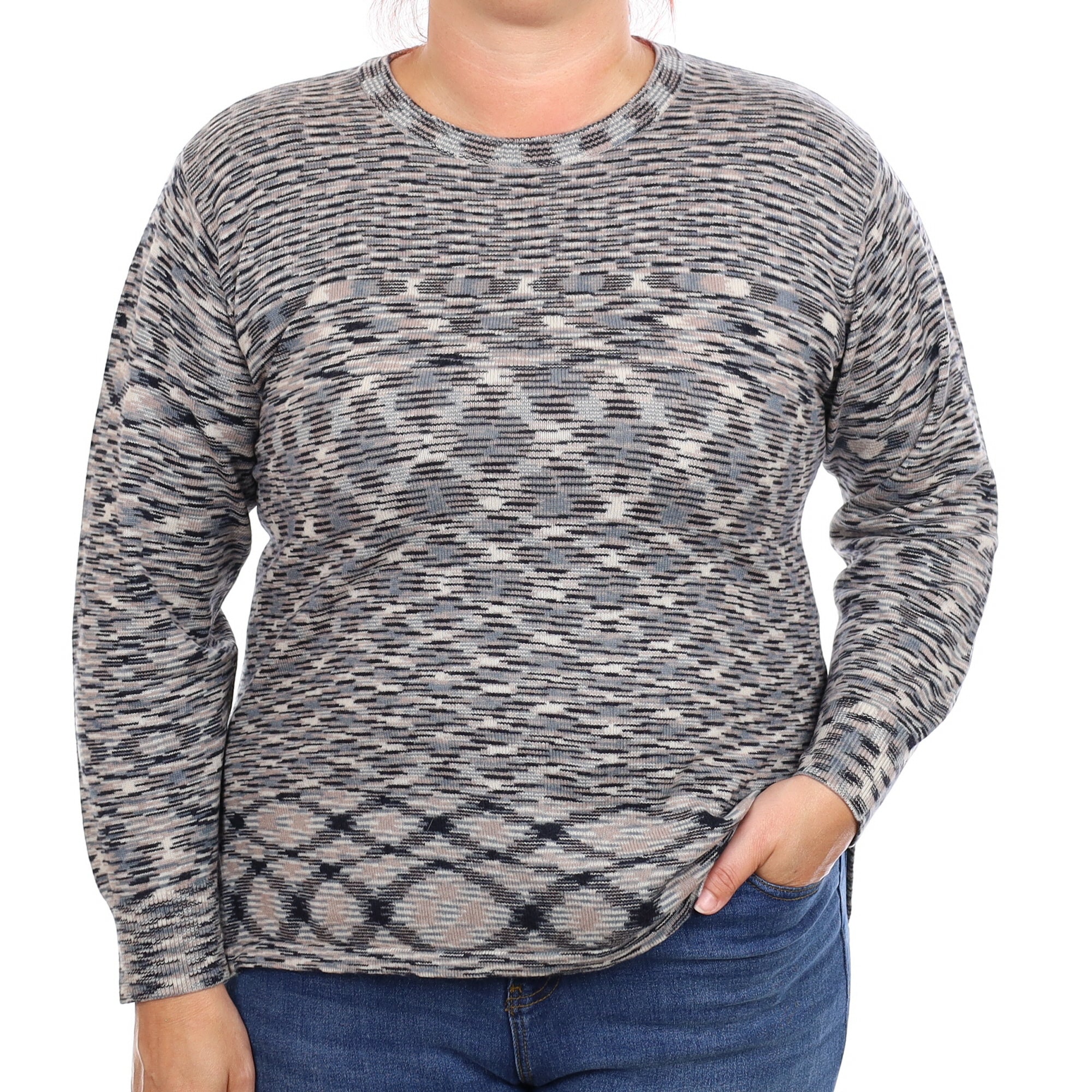 Grey and Beige Patterned Cashmere Crew Neck Jumper Large