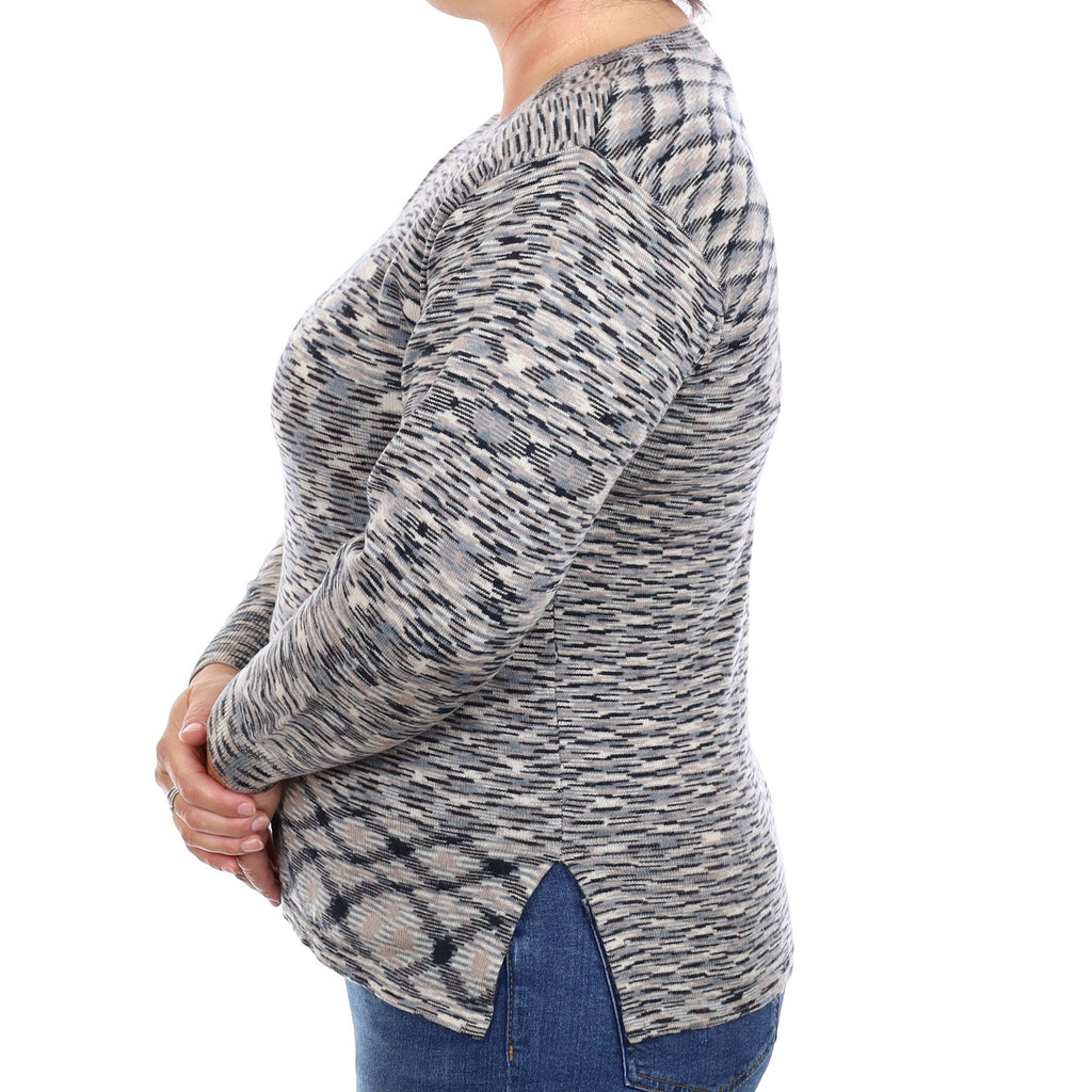 Grey and Beige Patterned Cashmere Crew Neck Jumper Large