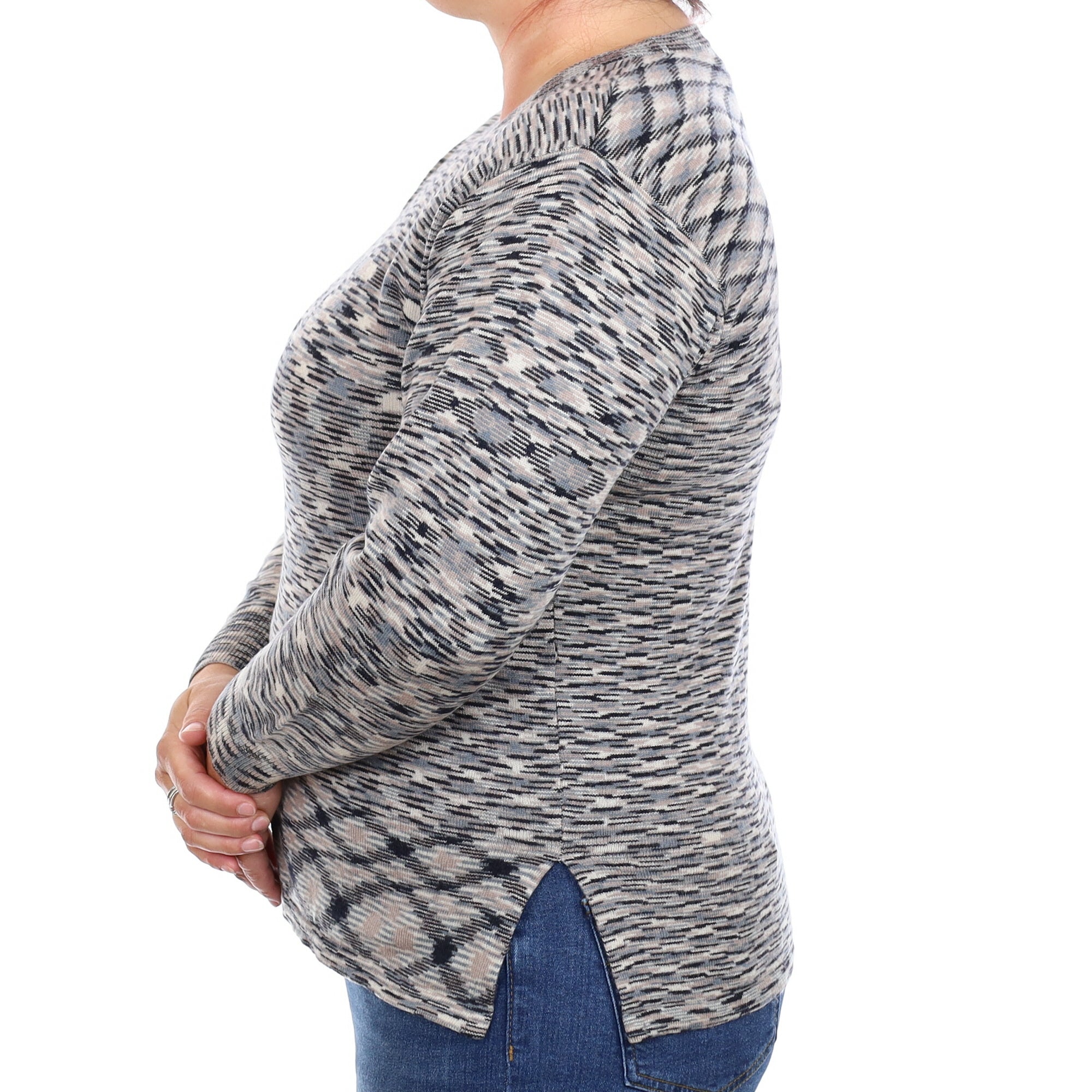 Grey and Beige Patterned Cashmere Crew Neck Jumper Large