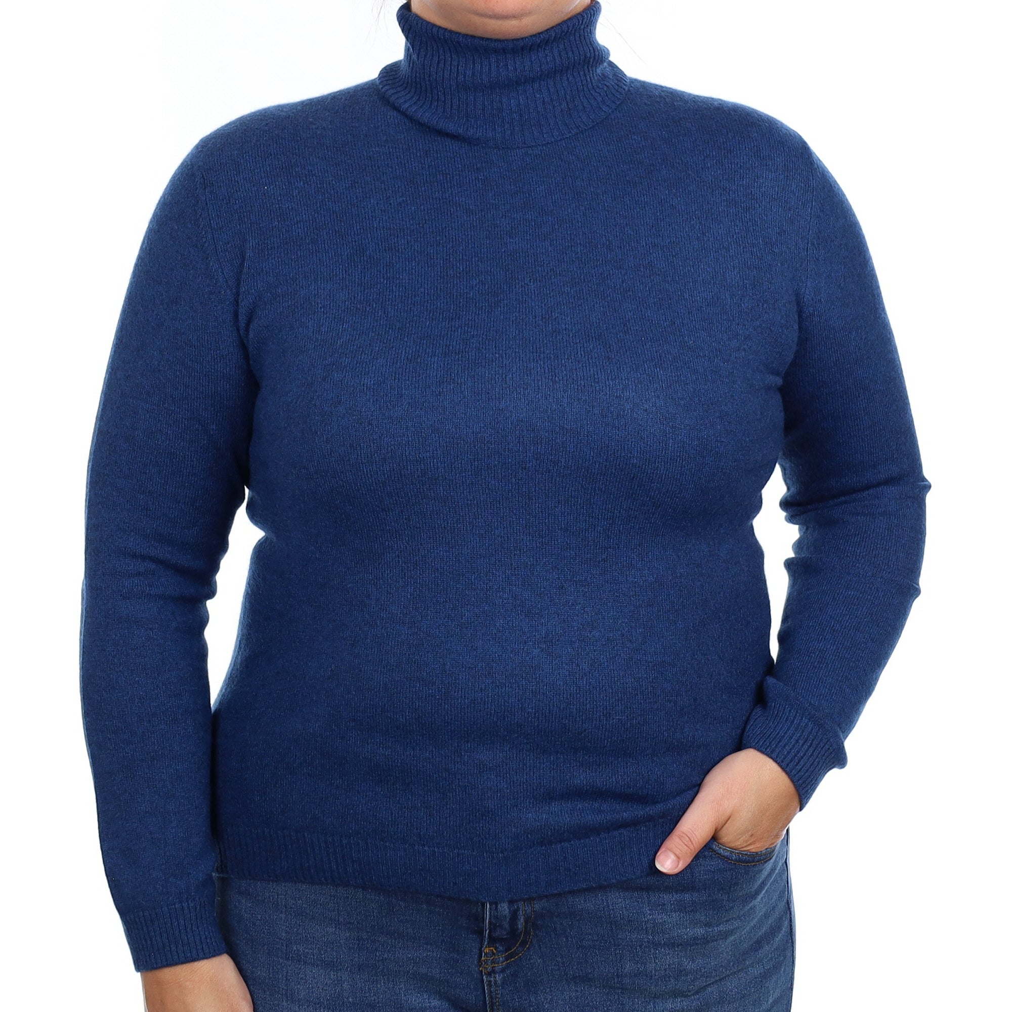 Deep Sea Blue Cashmere Polo Neck Jumper Large