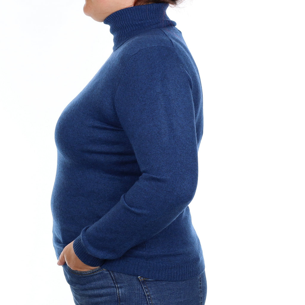 Deep Sea Blue Cashmere Polo Neck Jumper Large