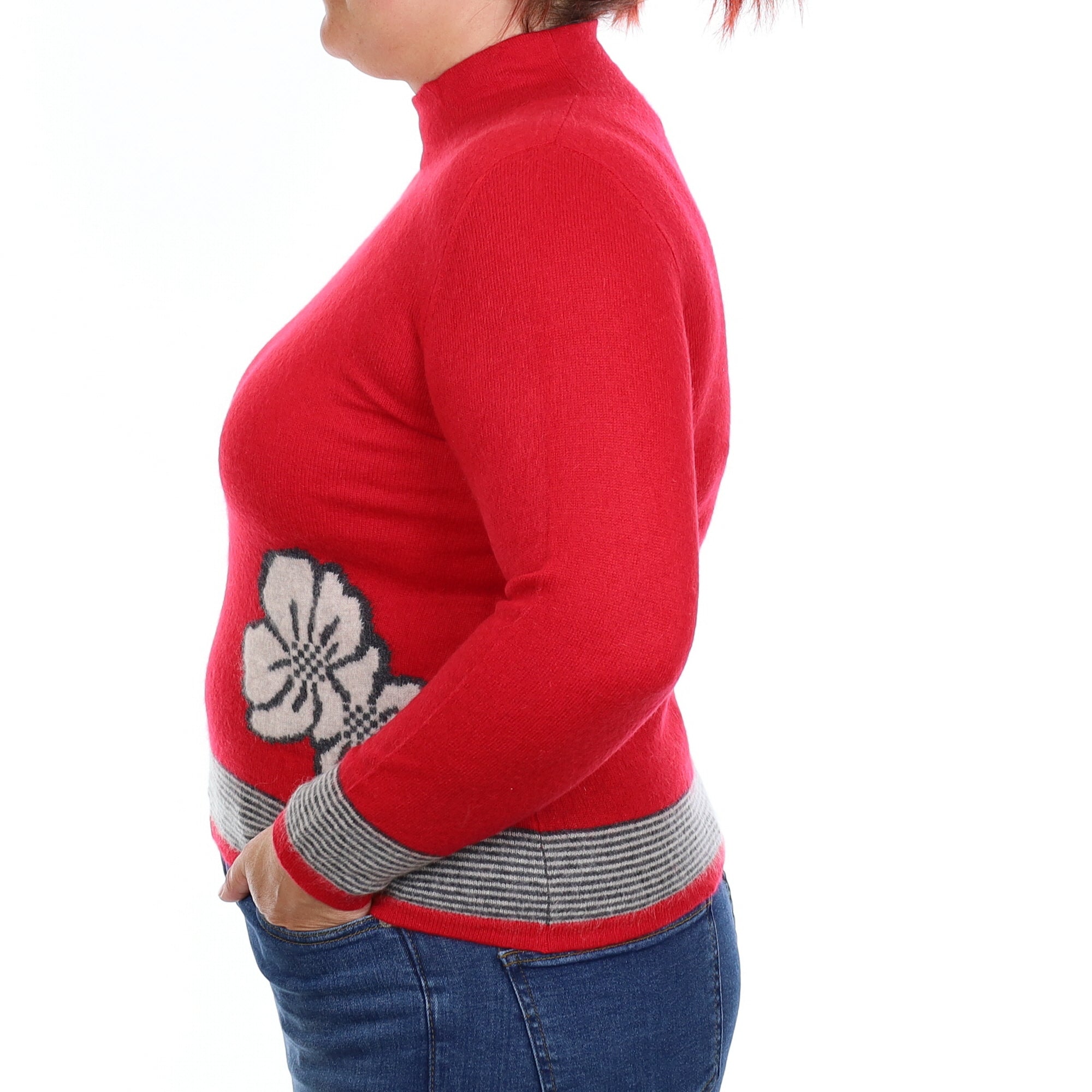 Berry Red Flower & Stripe Cashmere Funnel Neck Jumper Large
