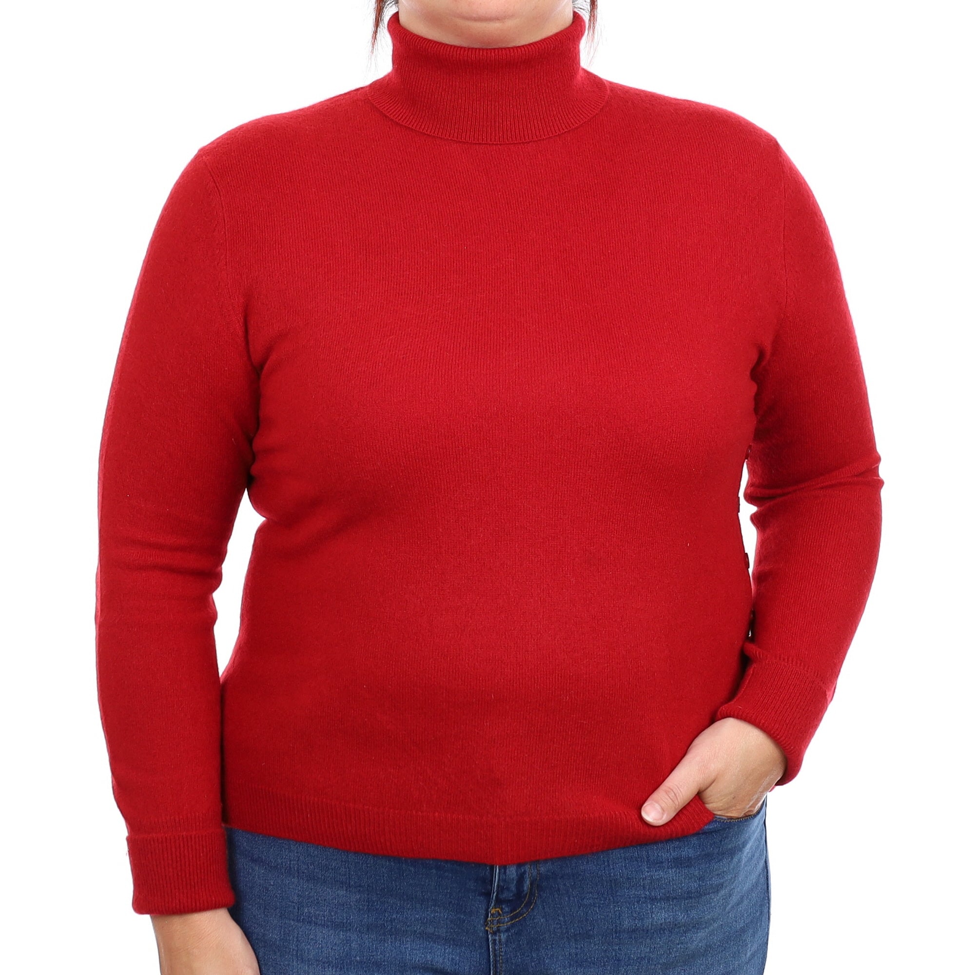 Red Button Detail Cashmere Polo Neck Jumper Large