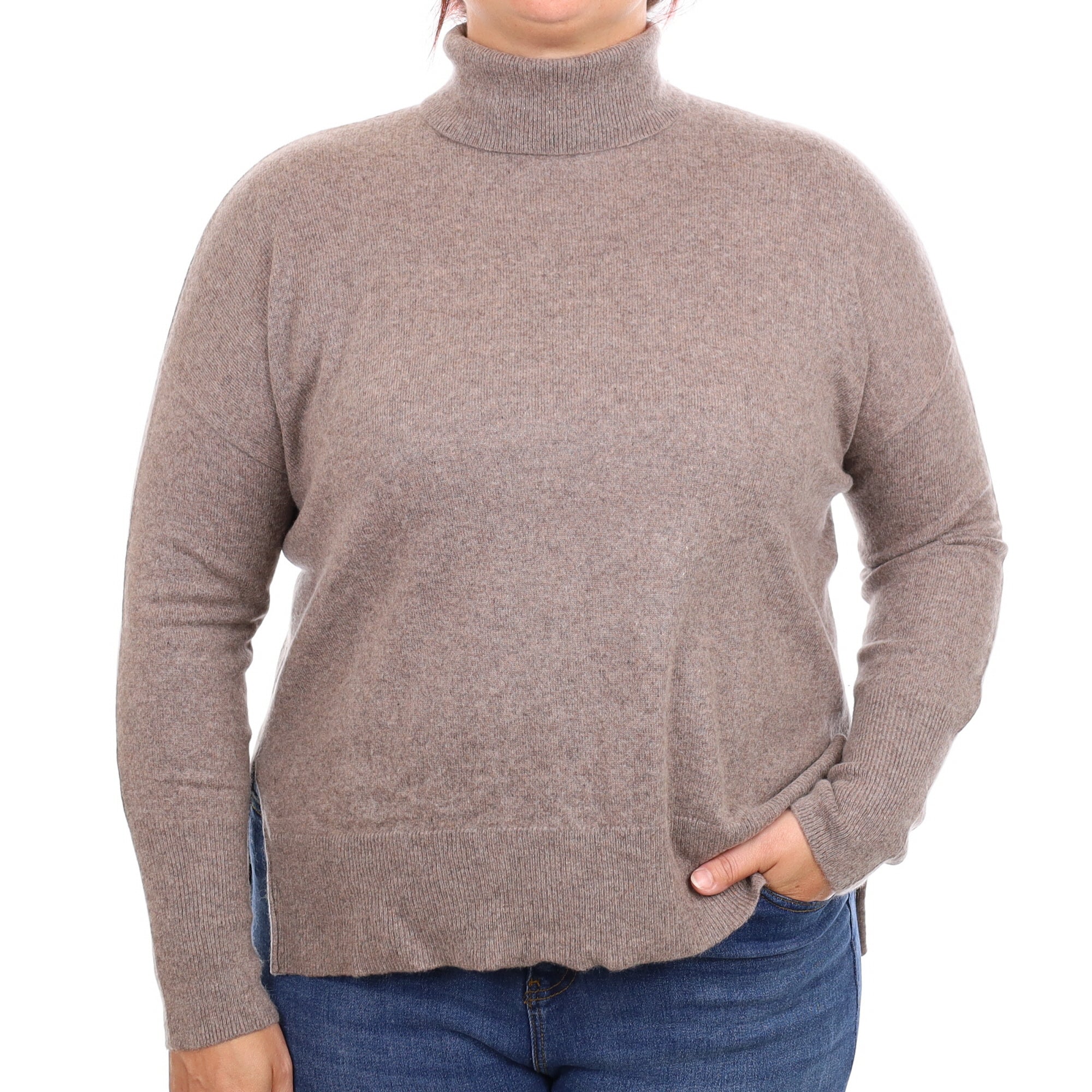 Mink Brown Cashmere Boxy Polo Neck Jumper Large