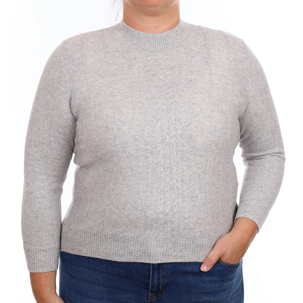 Mist Grey Cable Front Cashmere Turtleneck Jumper Large