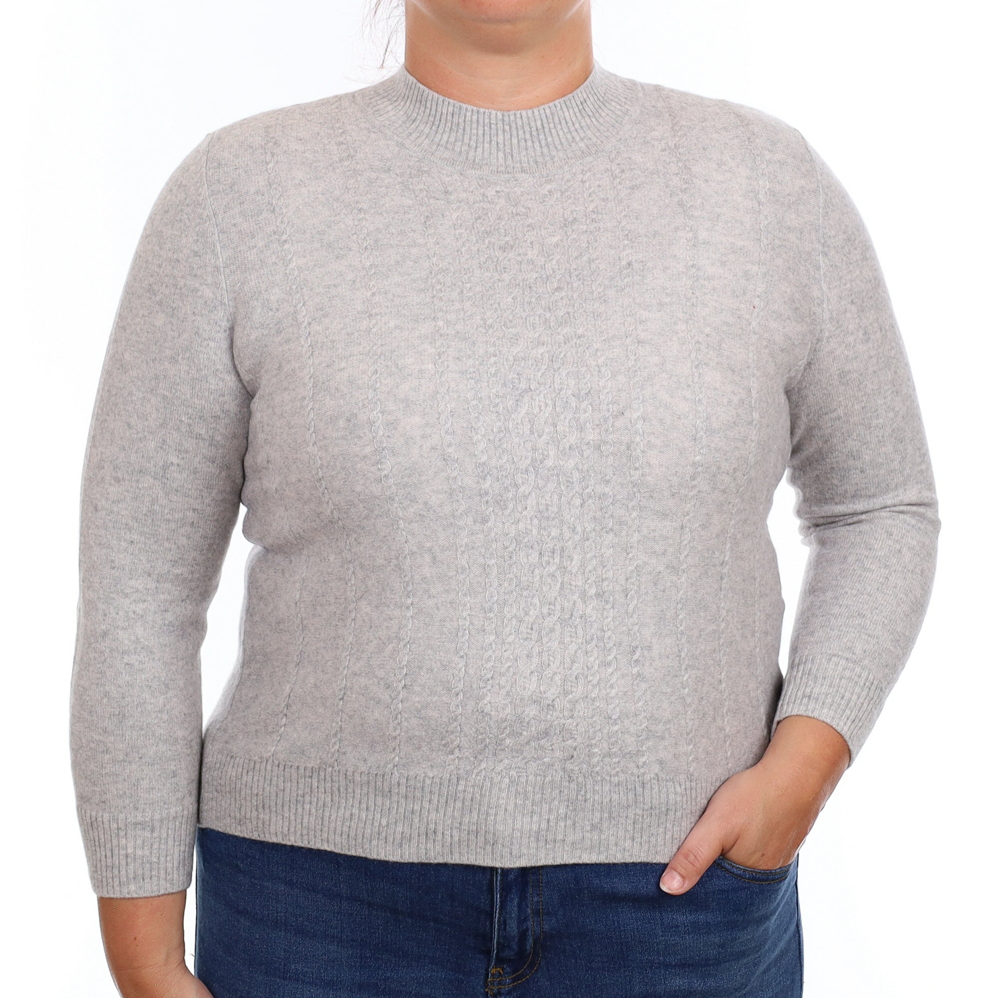 Mist Grey Cable Front Cashmere Turtleneck Jumper Large