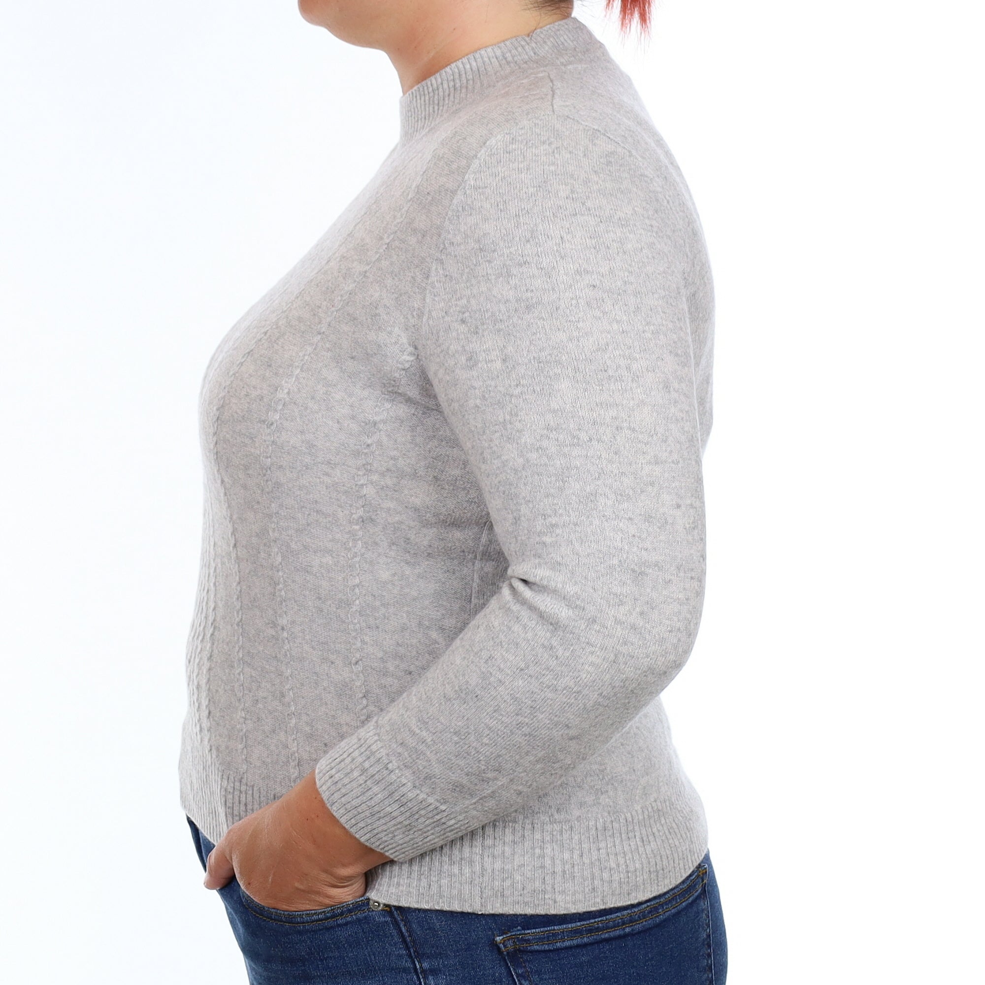 Mist Grey Cable Front Cashmere Turtleneck Jumper Medium