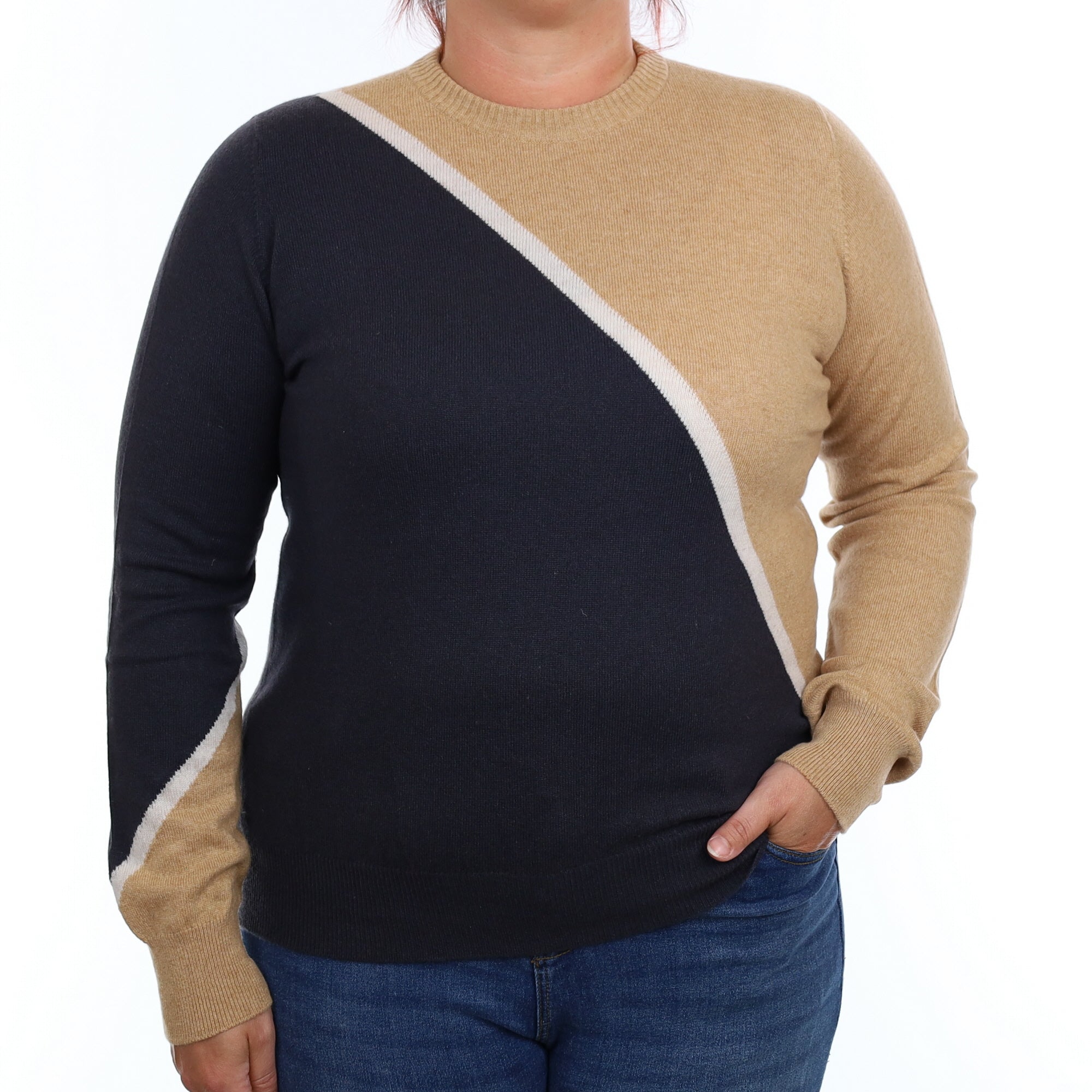Brora Graphite and Camel Cashmere Crew Neck Jumper Medium